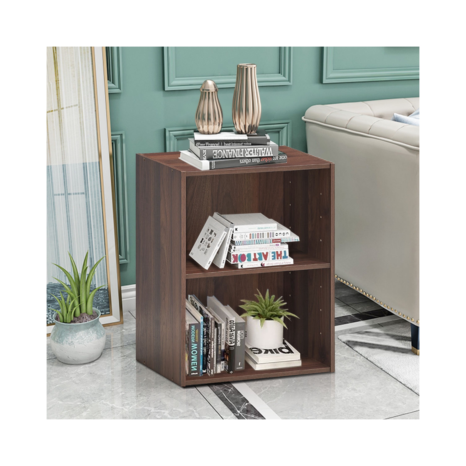 Topbuy 2-Tier Storage Night Stand Open Display Shelf MDF End Table Walnut
