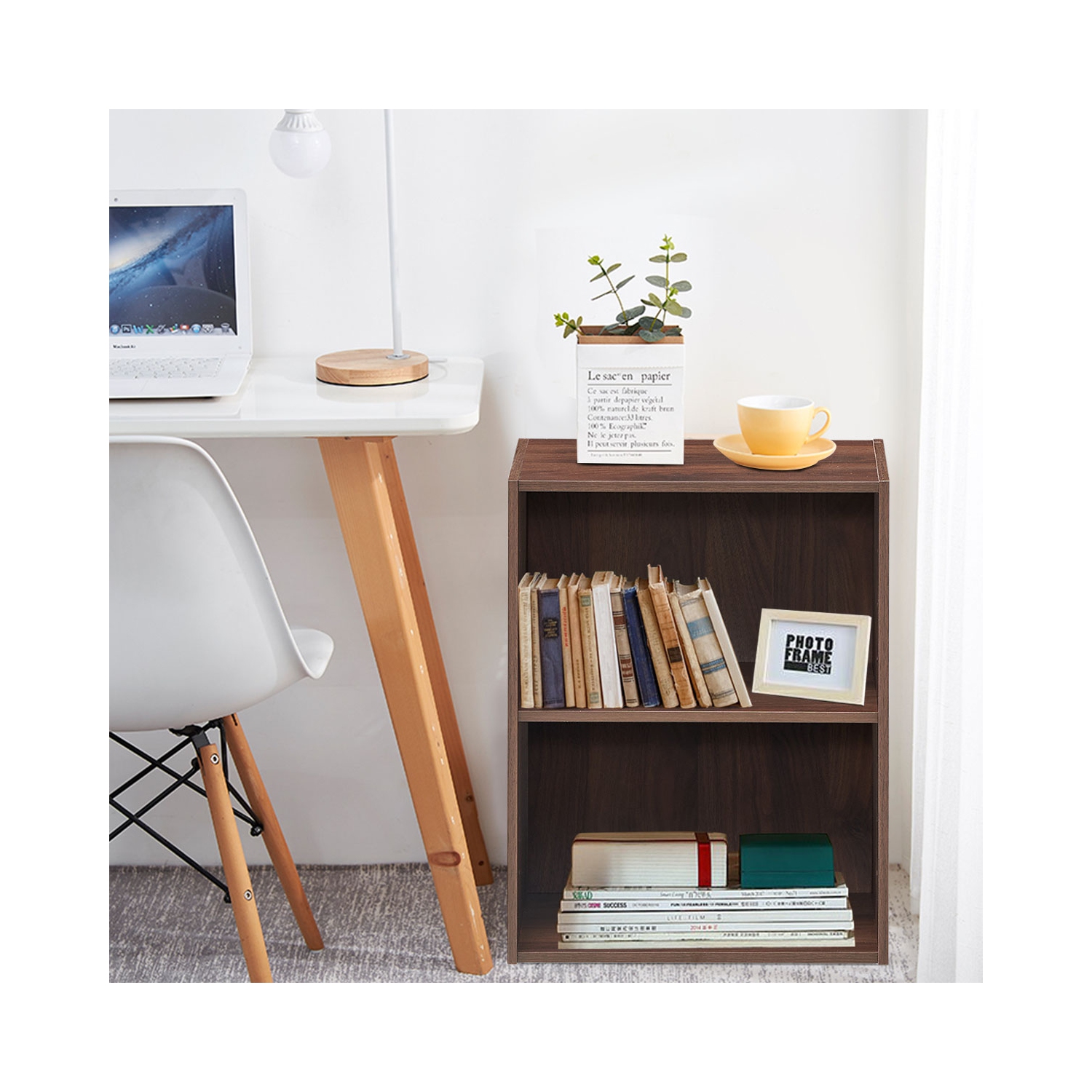 Topbuy 2-Tier Storage Night Stand Open Display Shelf MDF End Table Walnut