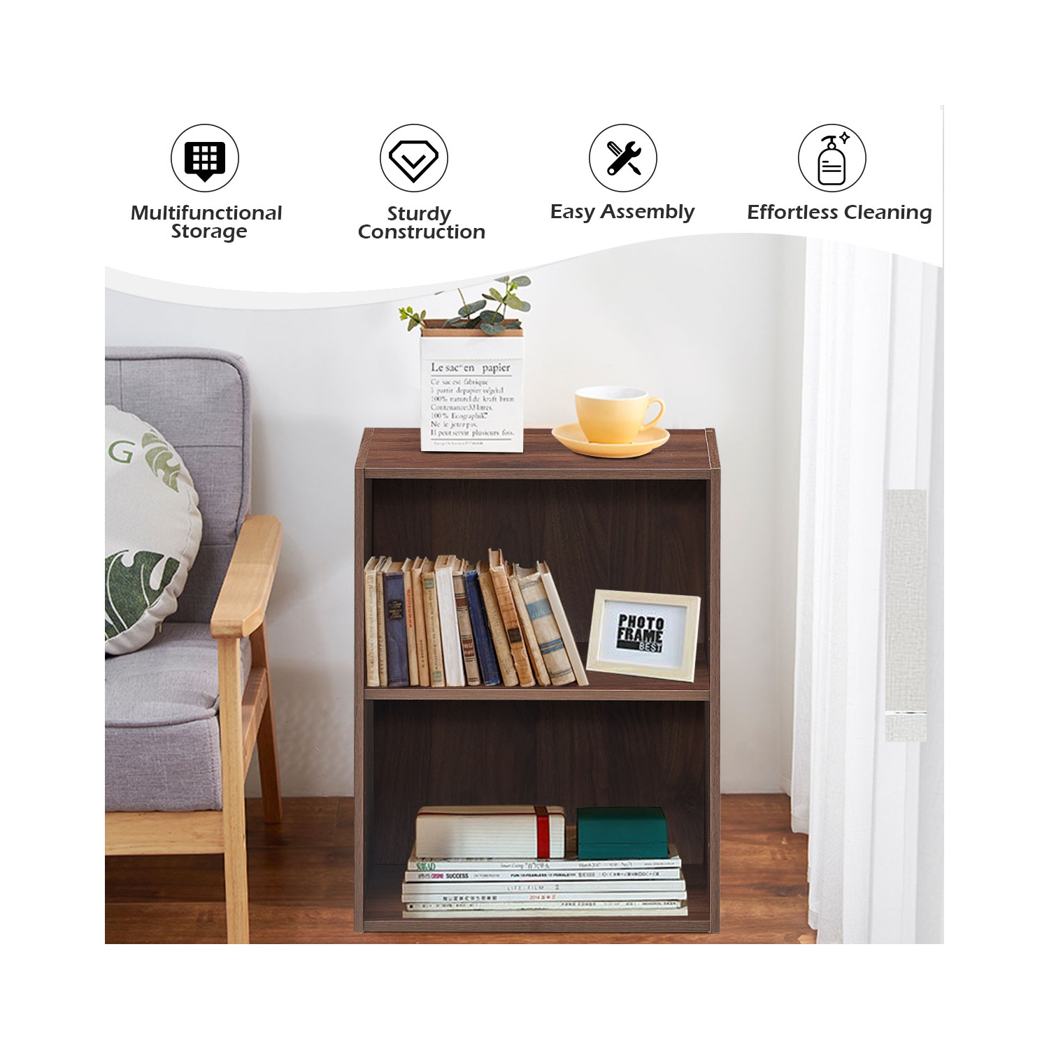 Topbuy 2-Tier Storage Night Stand Open Display Shelf MDF End Table Walnut