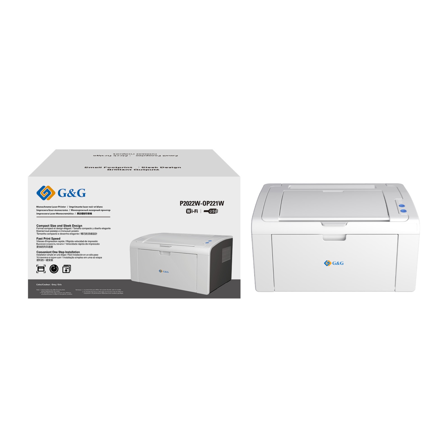 G&G P2022W Imprimante laser monochrome compacte, mise en réseau sans fil, utilisation au bureau à domicile, imprimante grise avec impression mobile
