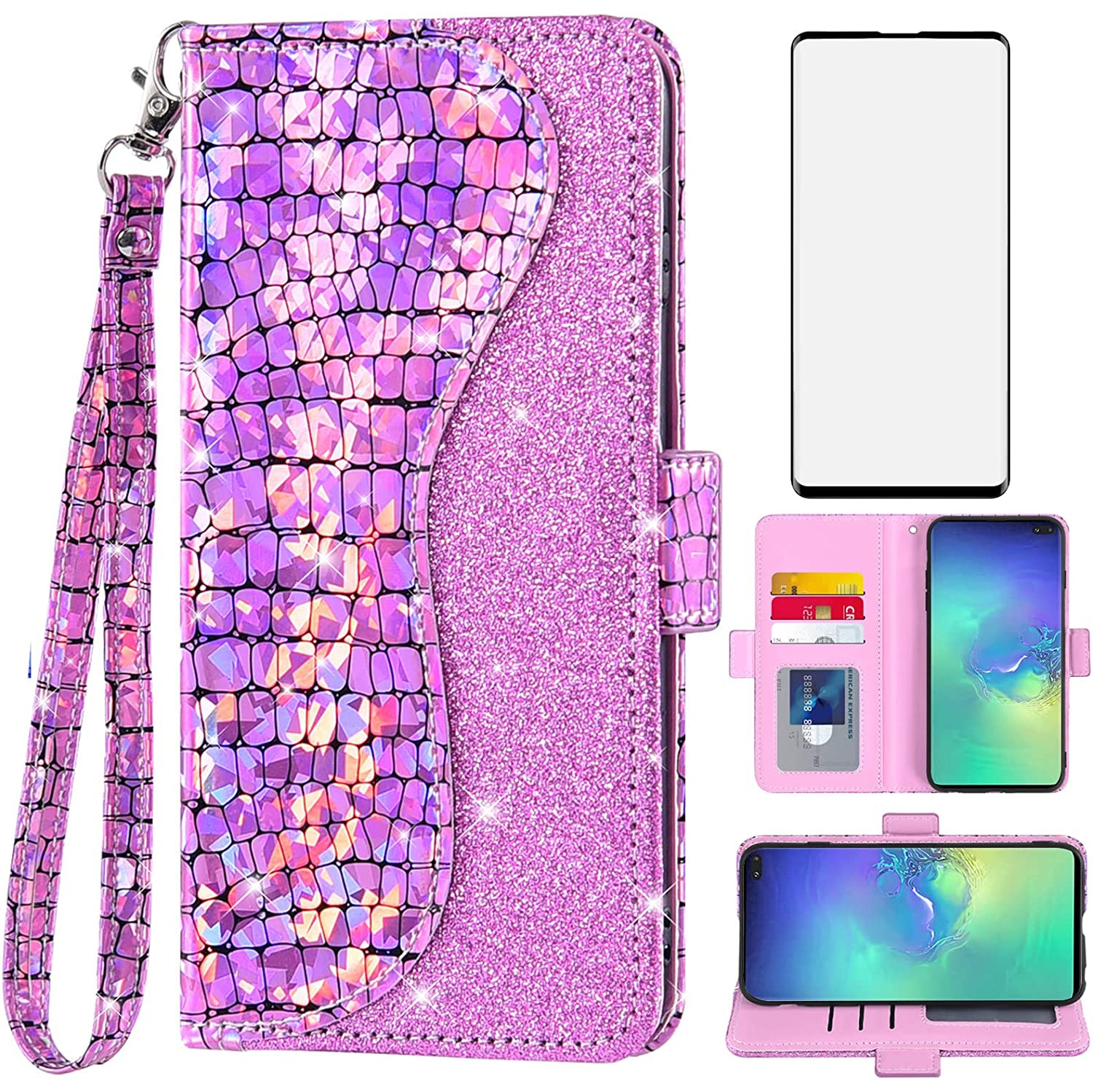 Phone Case for Samsung Galaxy S10 Plus Wallet Cover with Screen Protector and Flip Card Holder Bling Glitter