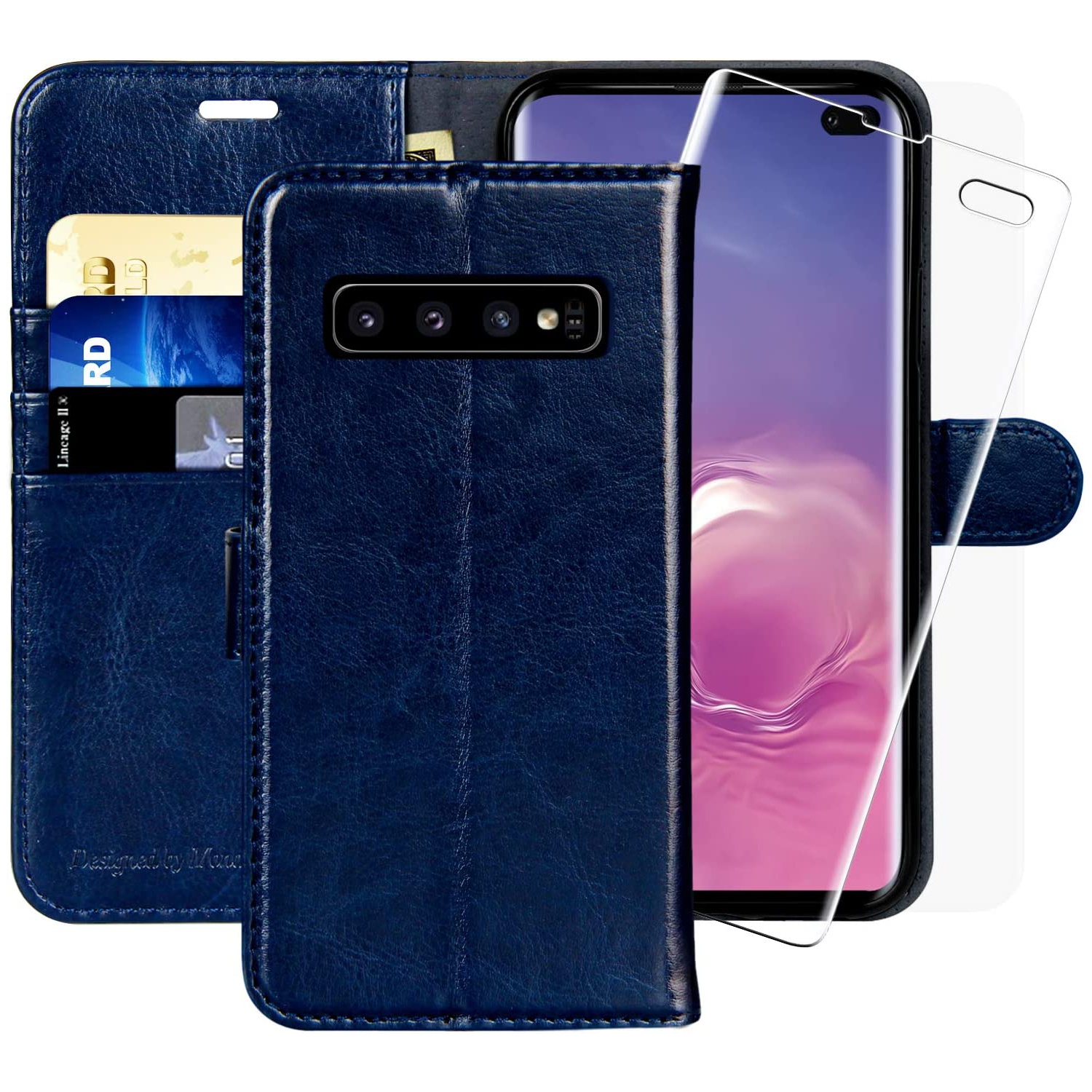 Étui portefeuille pour Galaxy S10+, 6.4 po, [protecteur d’écran inclus] Étui folio à rabat en cuir pour téléphone cellulaire