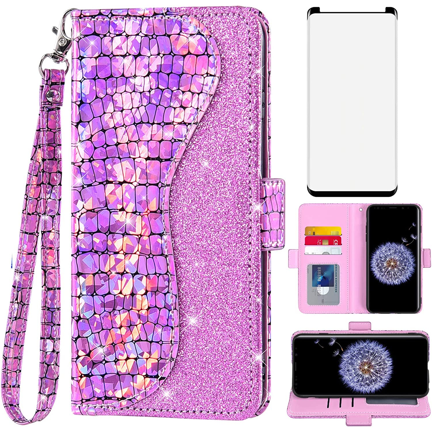 Phone Case for Samsung Galaxy S9 Plus Wallet Cover with Screen Protector and Wrist Strap Flip Card Holder Bling