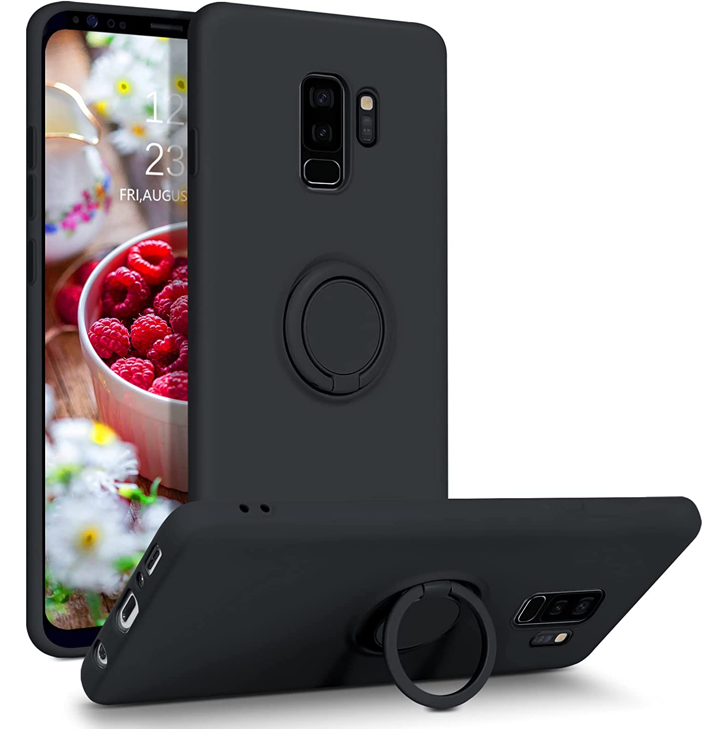 Samsung Galaxy S9 Plus Case Liquid Silicone Soft Gel Rubber Slim Cover with Ring Kickstand |Car Mount Function