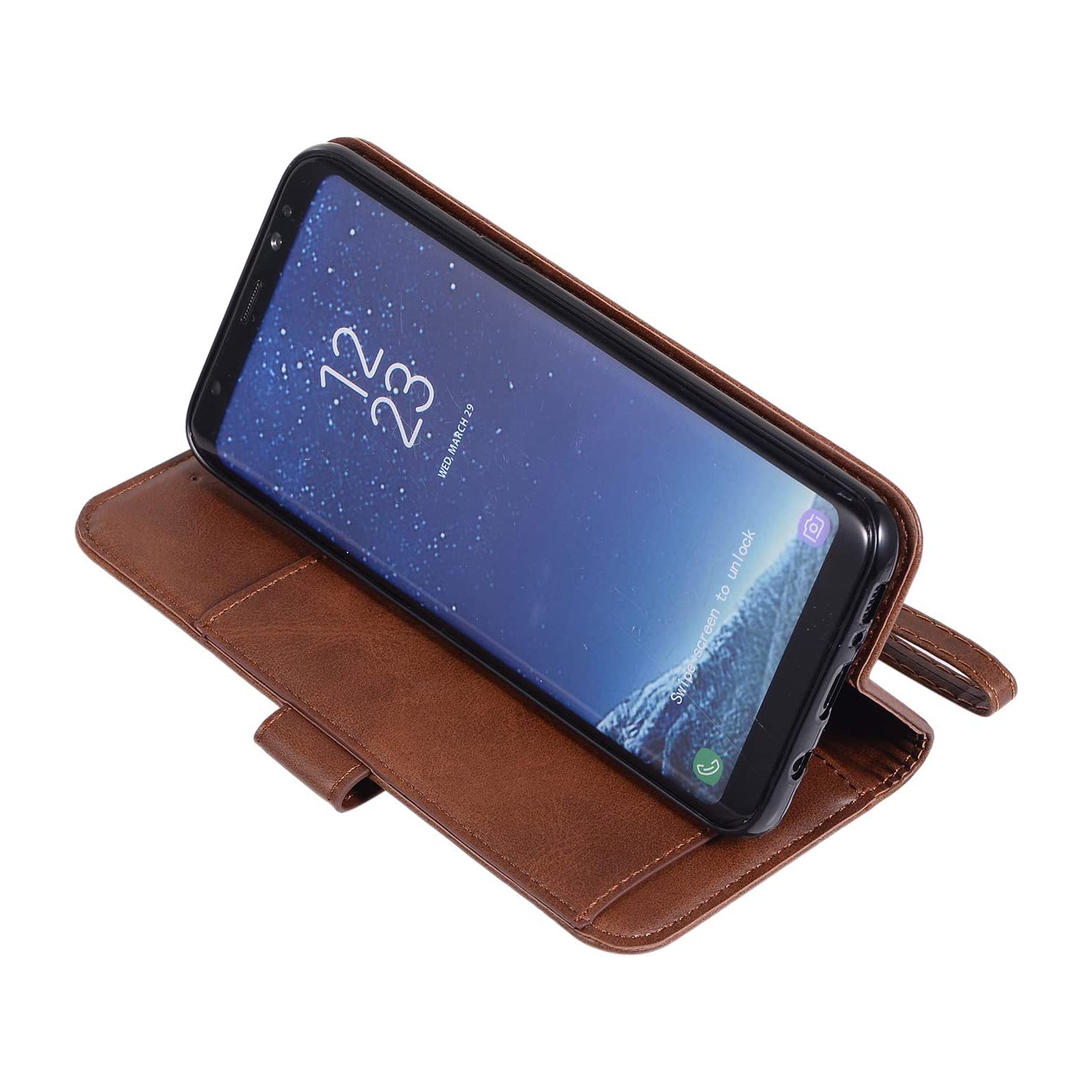 Étui portefeuille pour Galaxy S8 plus de Samsung, 5 fentes pour cartes fermeture magnétique poche à fermeture à glissière sac à main cuir pu rabat