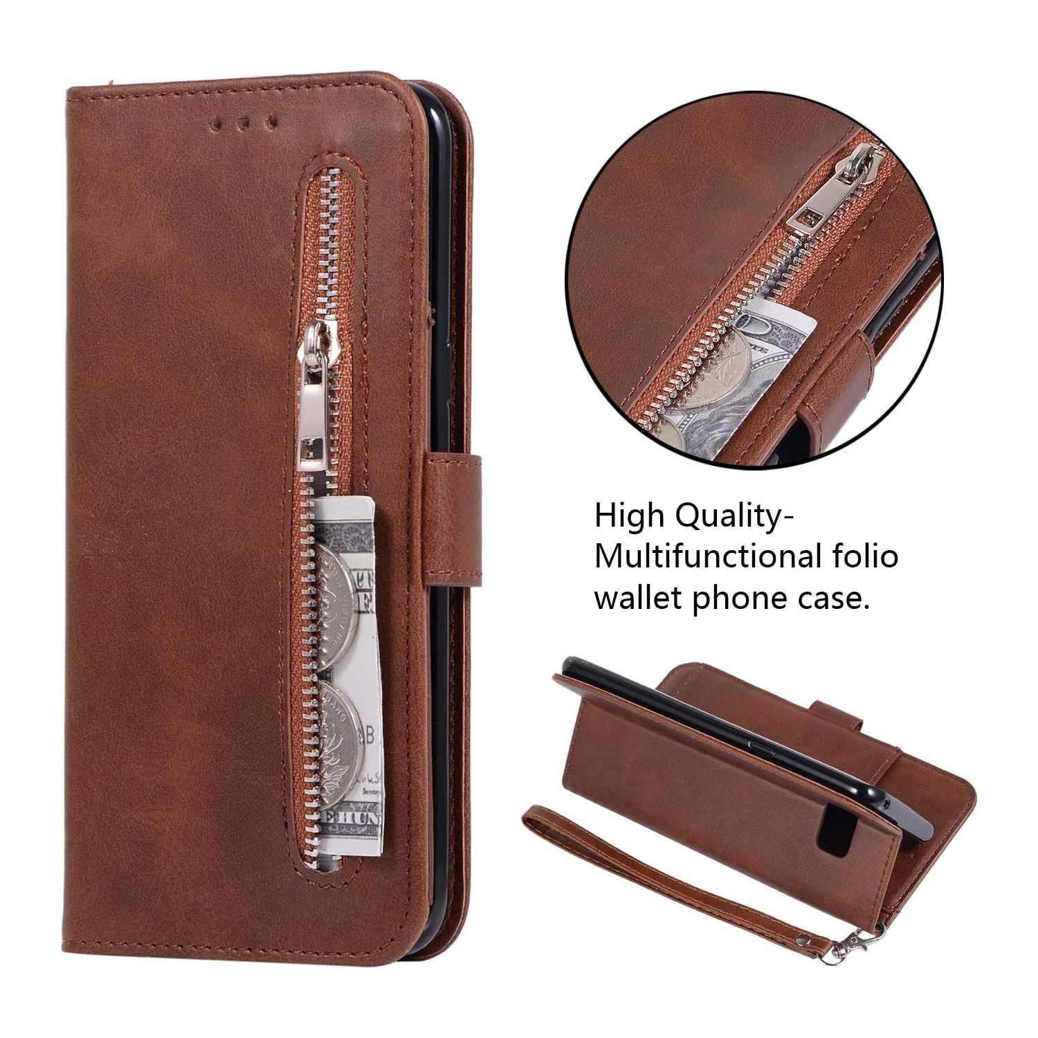 Étui portefeuille pour Galaxy S8 plus de Samsung, 5 fentes pour cartes fermeture magnétique poche à fermeture à glissière sac à main cuir pu rabat