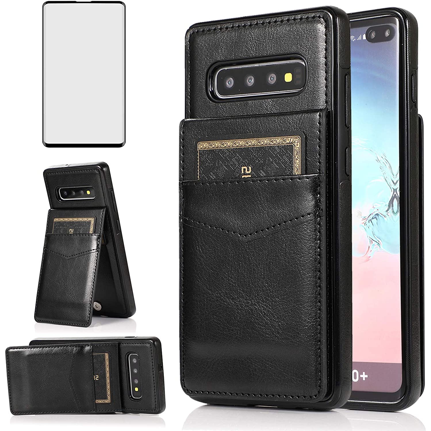 Phone Case for Samsung Galaxy S10 Plus with Tempered Glass Screen Protector Credit Card Holder Wallet Cover Stand