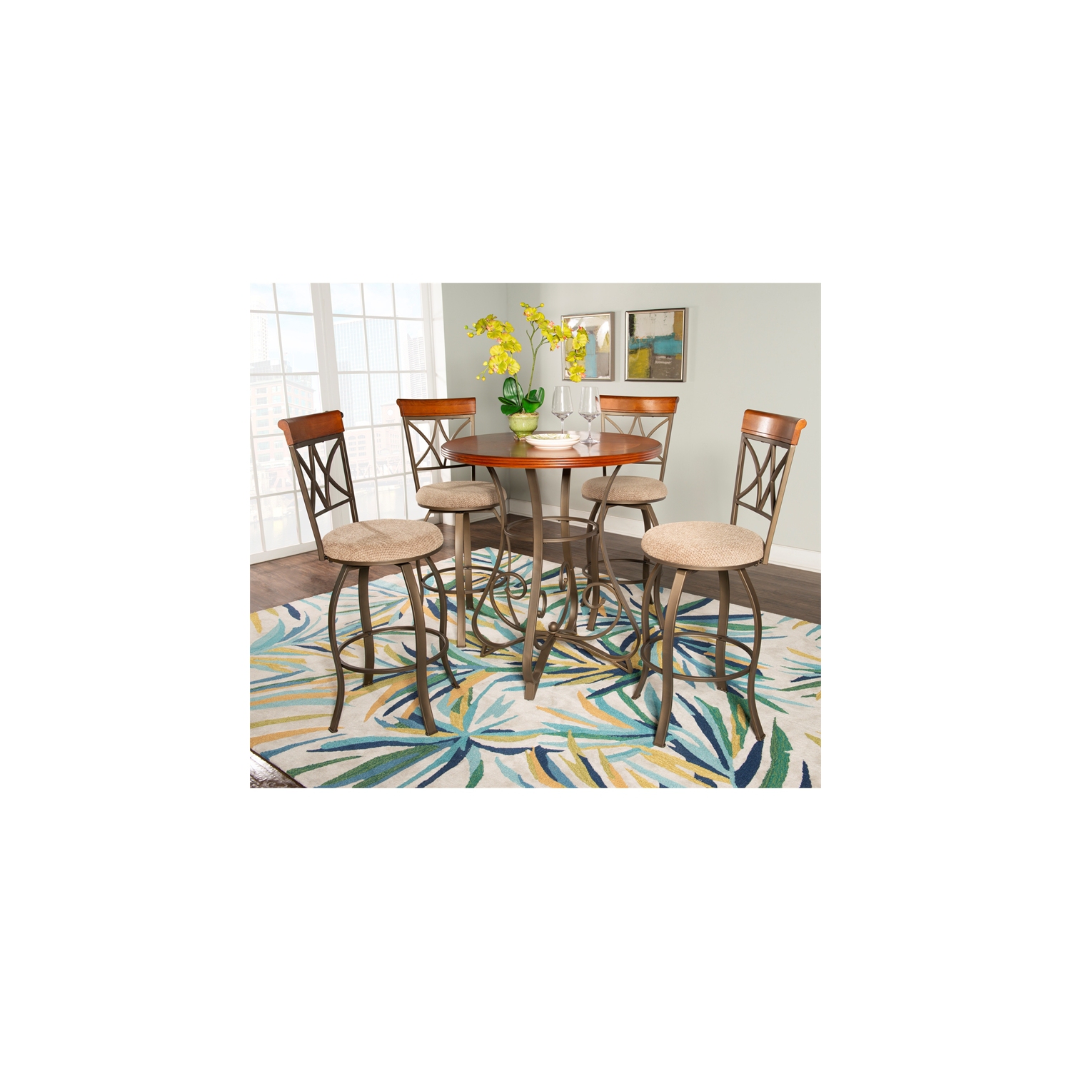 Linon Hamilton Five Piece Wood and Metal Swivel Pub Set in Cherry