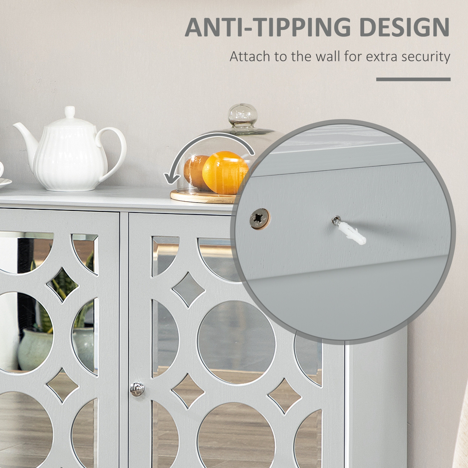 HOMCOM – Buffet avec miroir, armoire de rangement de cuisine de 47&nbsp;po avec 3 portes et tablette réglable pour salon, couloir, gris