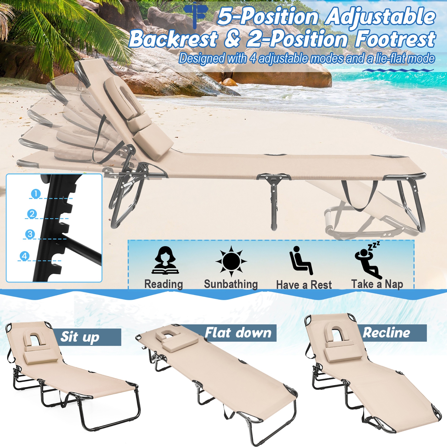 Gymax 5-Position Lounge Chair Adjustable Beach Chaise w/ Face Cavity & Pillows