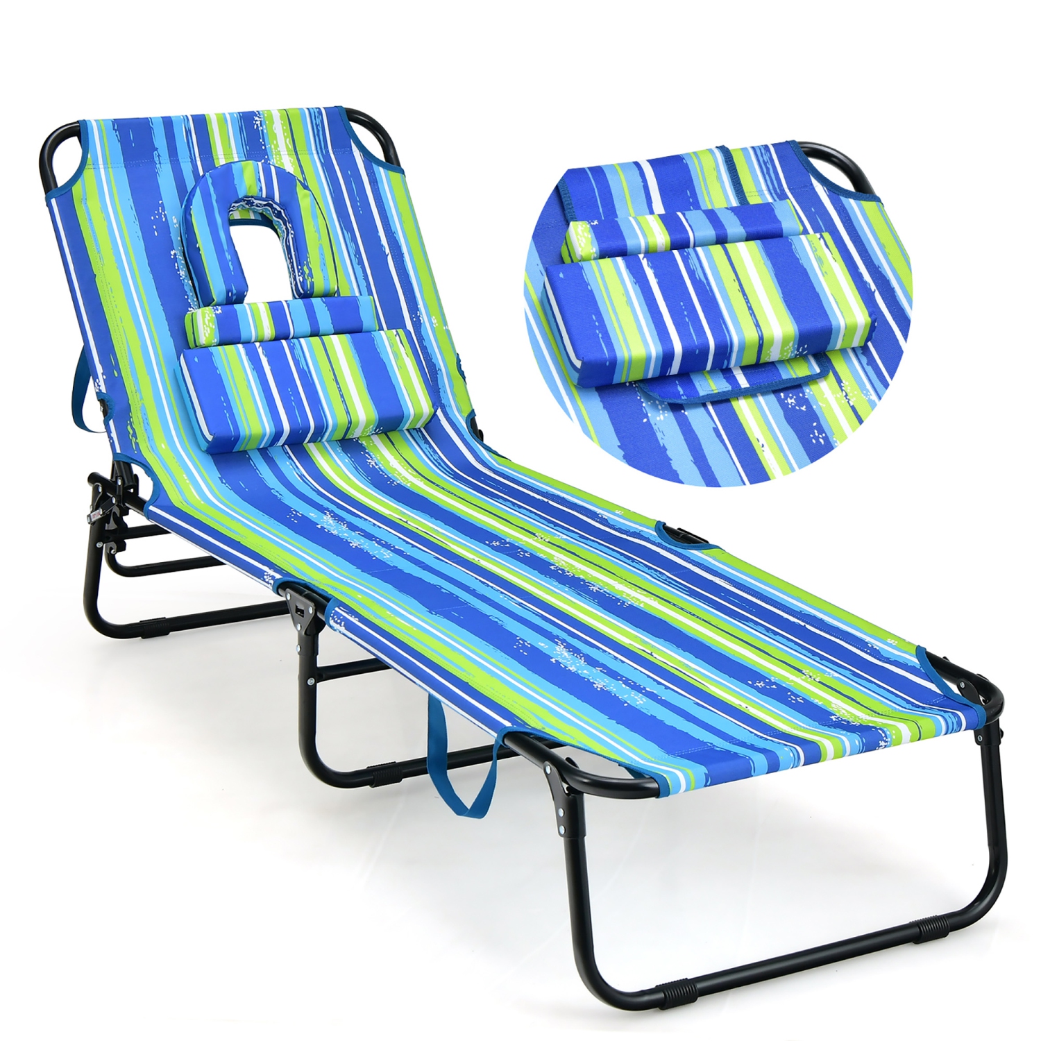 Gymax 5-Position Lounge Chair Adjustable Beach Chaise w/ Face Cavity & Pillows