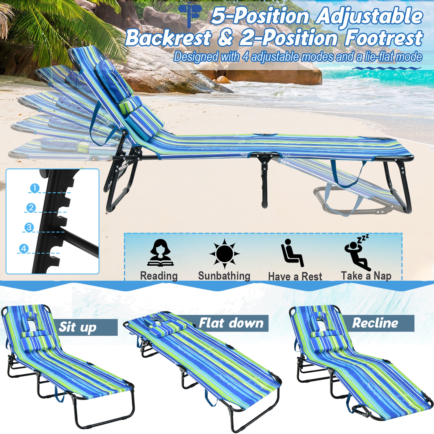Gymax 5-Position Lounge Chair Adjustable Beach Chaise w/ Face Cavity & Pillows