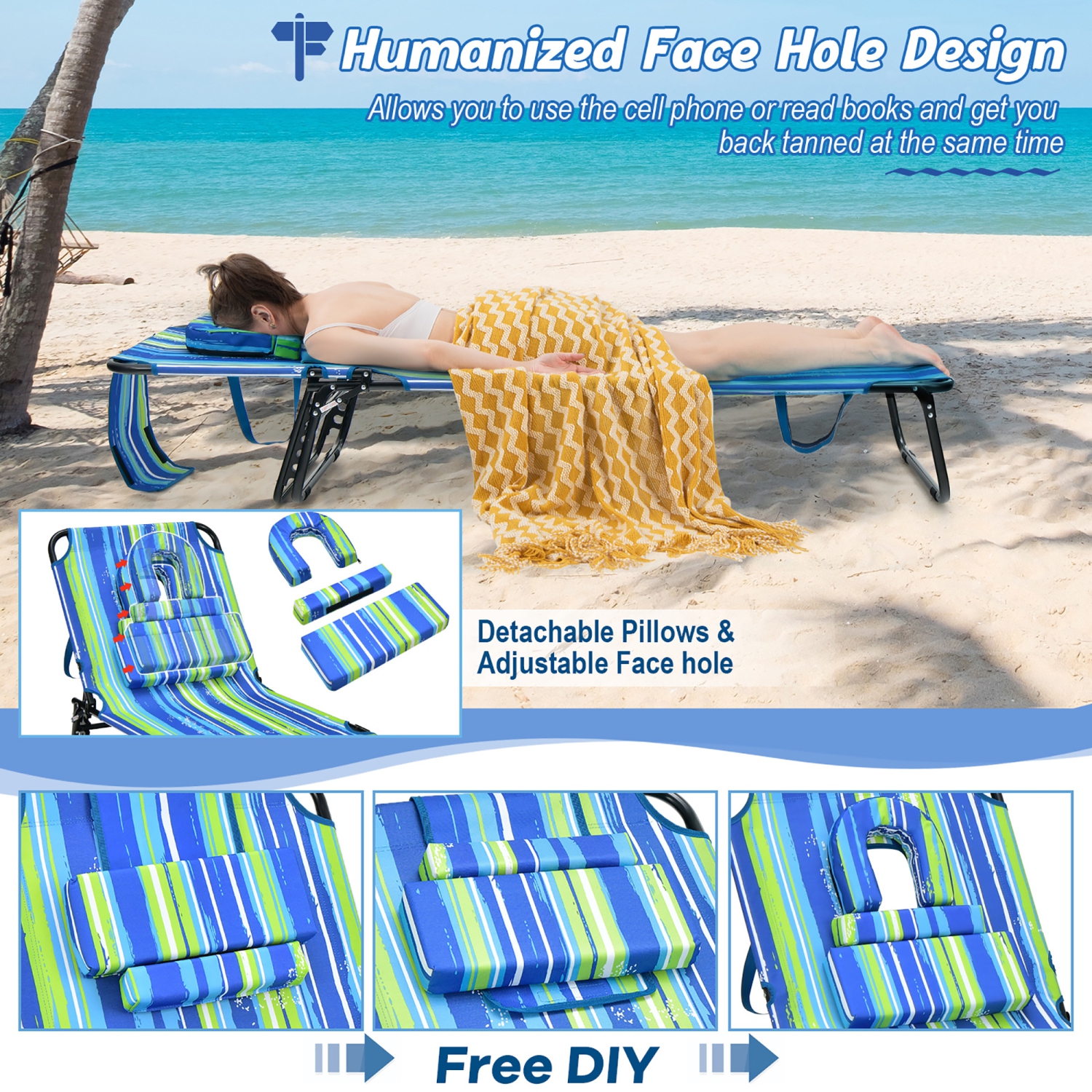 Gymax 5-Position Lounge Chair Adjustable Beach Chaise w/ Face Cavity & Pillows