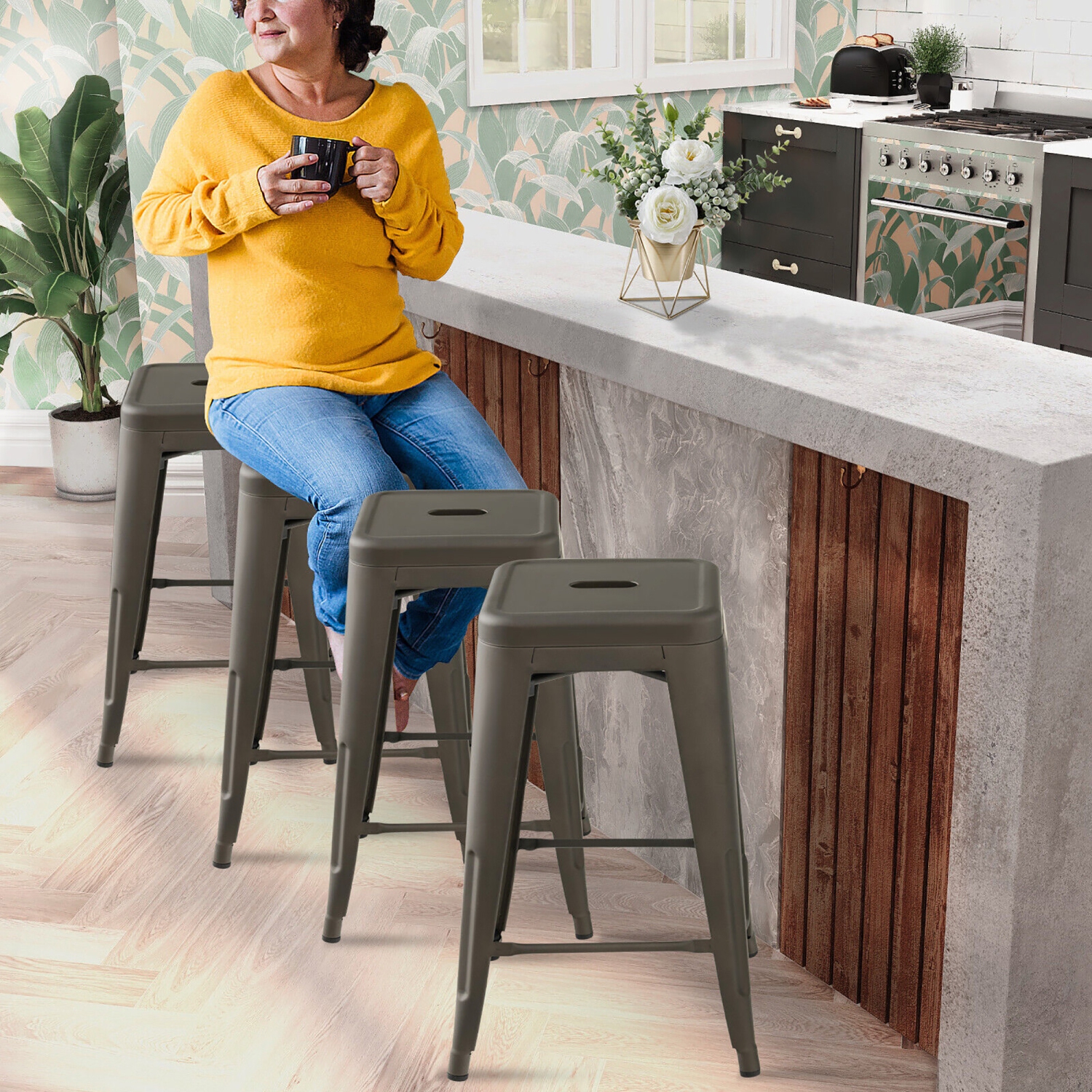 Gymax 24'' Set of 4 Tolix Style Barstool Counter Height Metal Bar Stool Stackable Chair