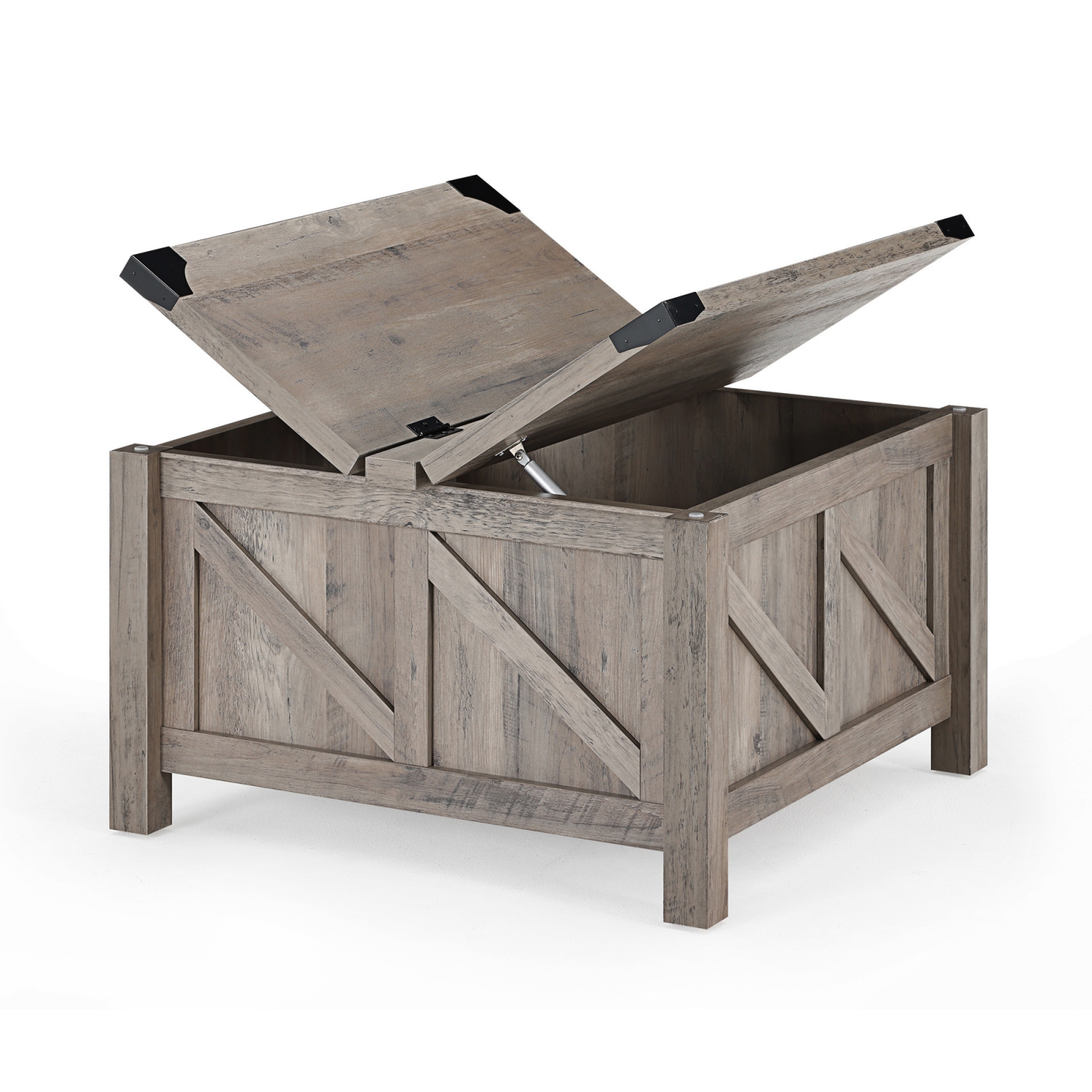 Table basse WAMPAT au fini gris délavé, table centrale en bois carrée Farmhouse avec jambes à gaz, dessus rabattable pour très grand espace de