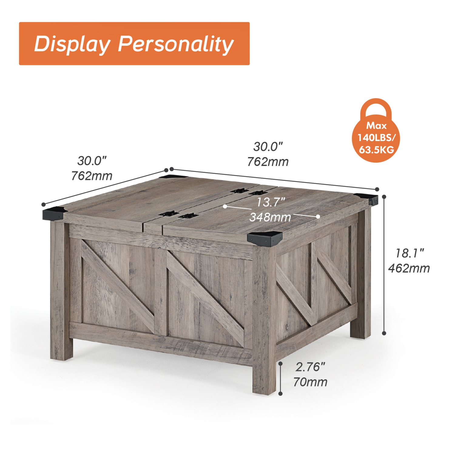 Table basse WAMPAT au fini gris délavé, table centrale en bois carrée Farmhouse avec jambes à gaz, dessus rabattable pour très grand espace de