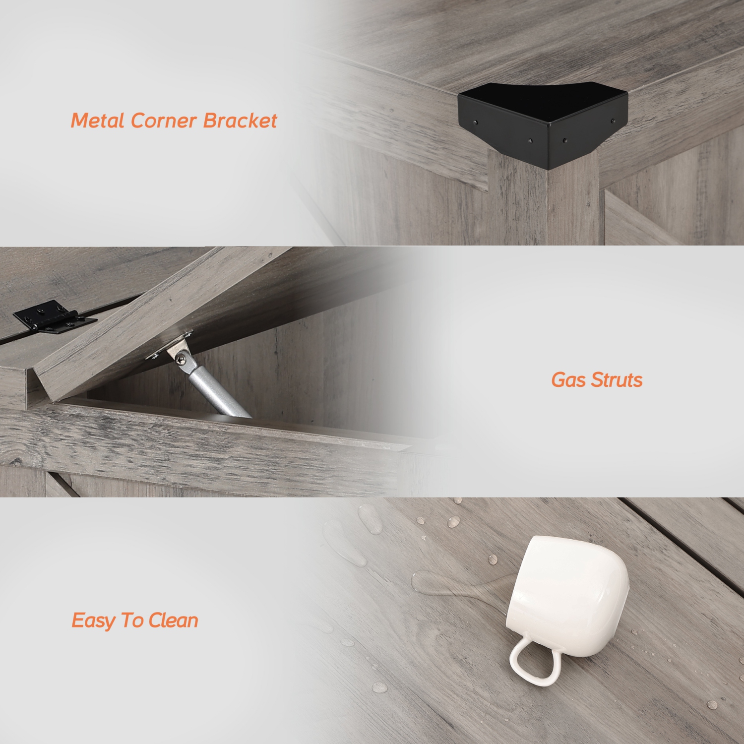 Table basse WAMPAT au fini gris délavé, table centrale en bois carrée Farmhouse avec jambes à gaz, dessus rabattable pour très grand espace de