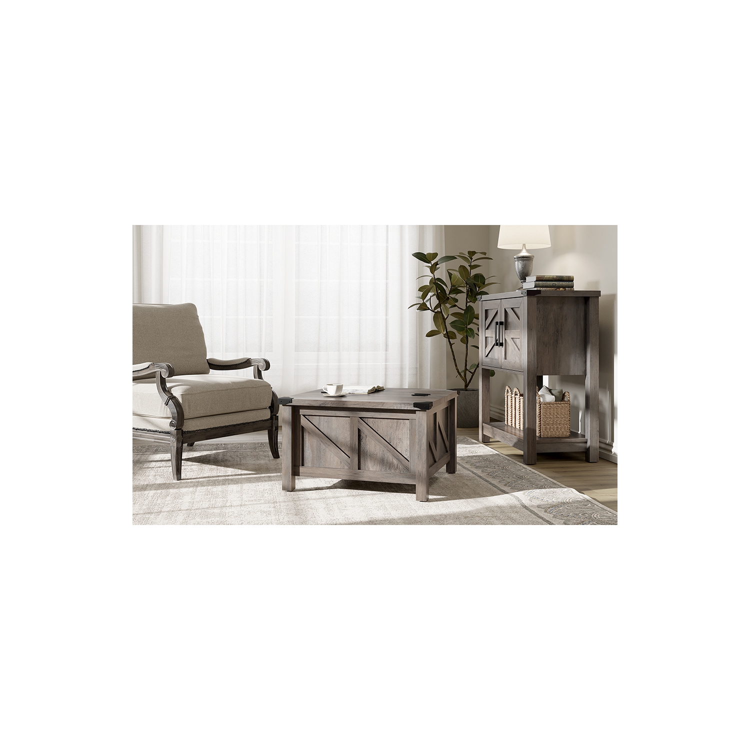 Table basse WAMPAT au fini gris délavé, table centrale en bois carrée Farmhouse avec jambes à gaz, dessus rabattable pour très grand espace de