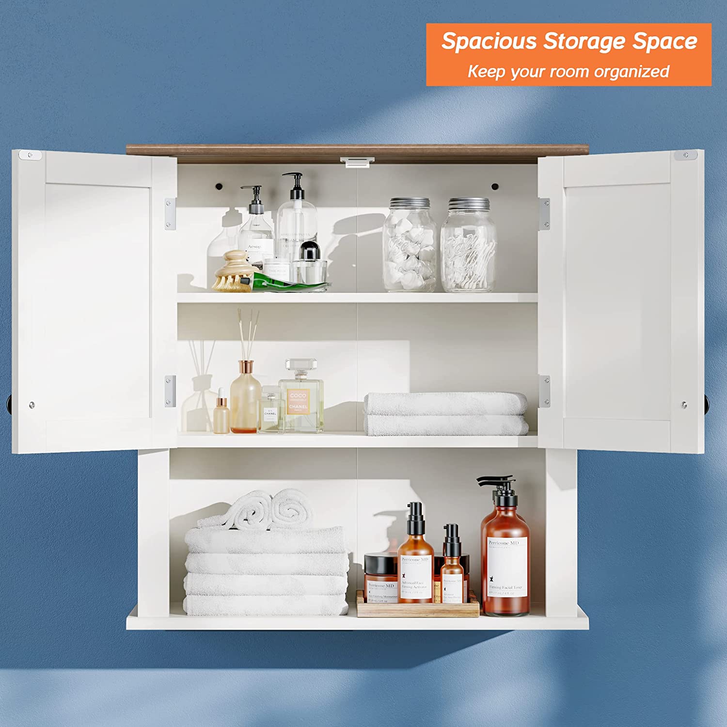 Armoire murale pour salle de bain WAMPAT avec portes, armoire à pharmacie suspendue avec tablette de rangement réglable pour l’entrée et les