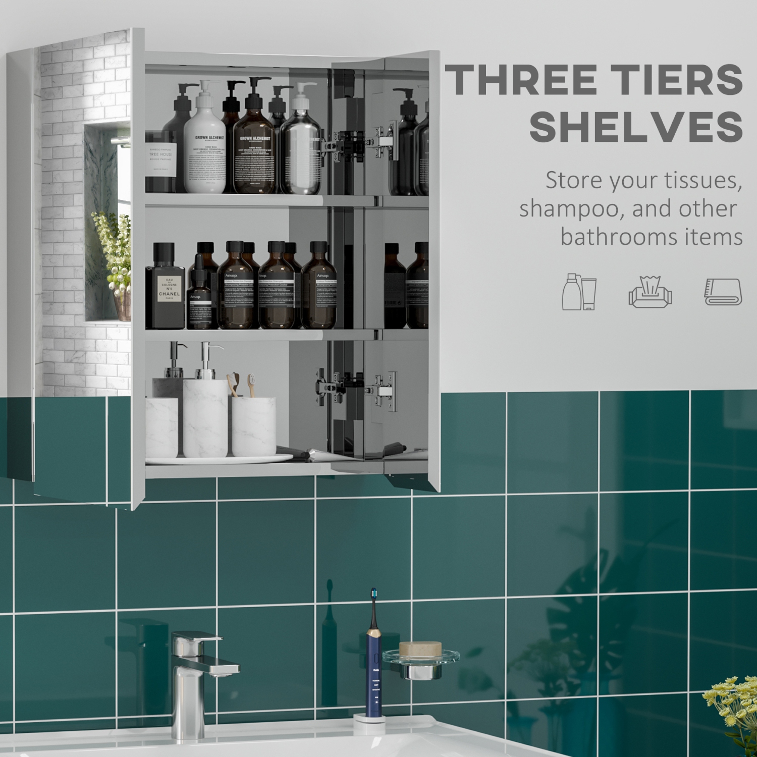 kleankin Wall-Mounted Medicine Cabinet, Bathroom Mirror Cabinet with Hinged Doors, Storage Shelves for Living Room and Laundry Room, Silver