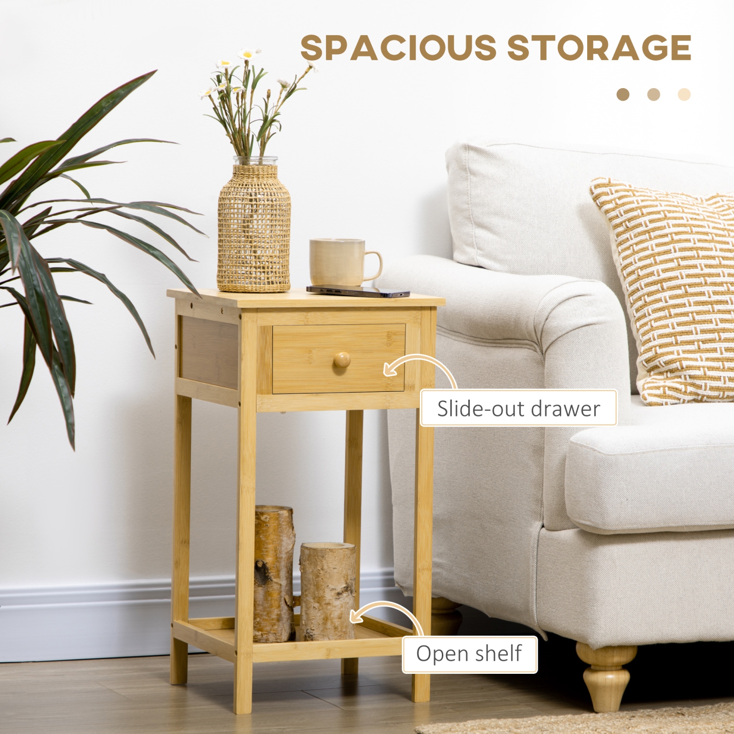 Ensemble de 2 tables d'appoint de HOMCOM, tables de bout étroites avec tiroir et tablette de rangement, table de chevet avec cadre en bambou pour les