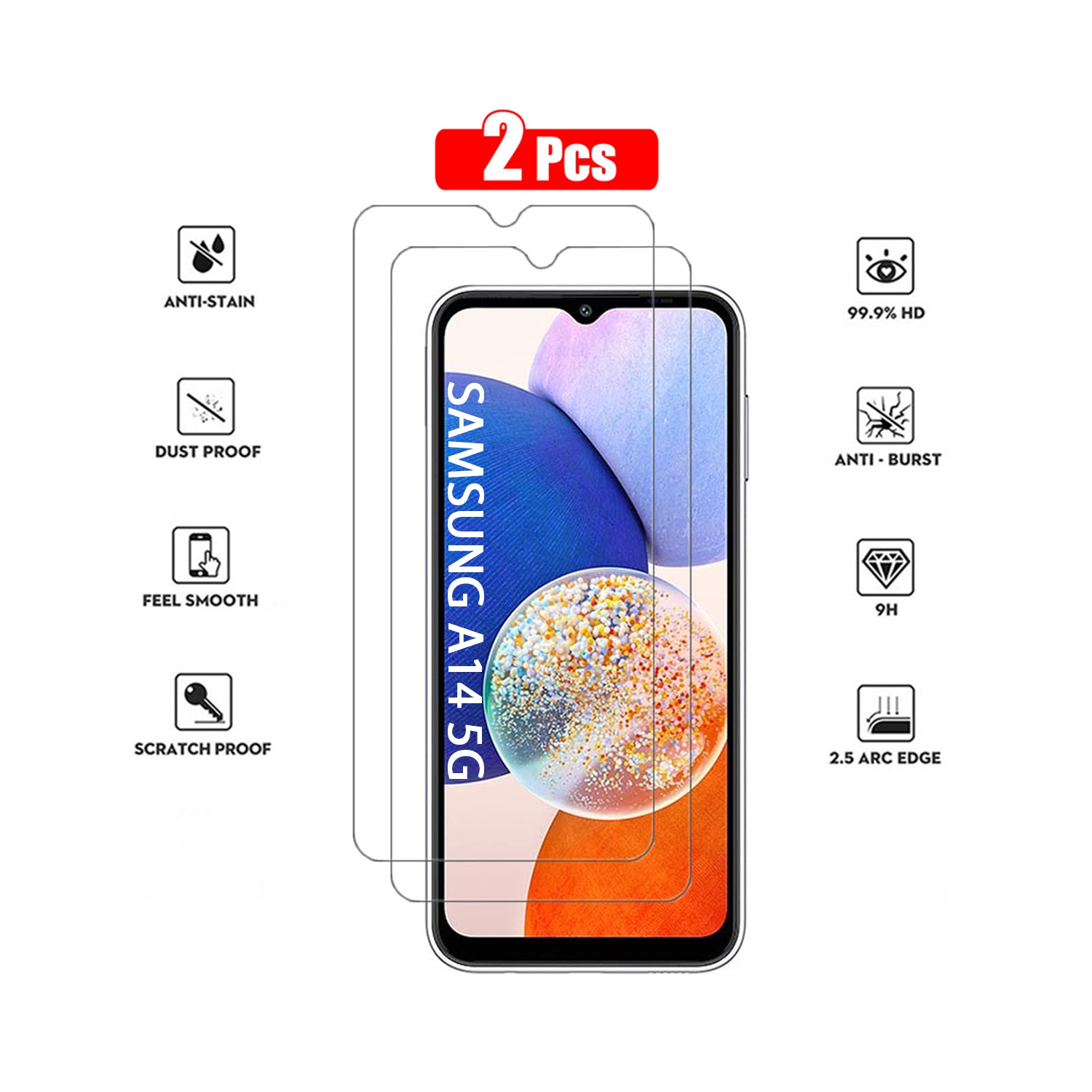 XCRS Verre Trempé, Screen HD Film 9H Anti-Scratch-Case, Haptic Touch Screen Protector pour Samsung Galaxy A14 5G (Lot de 2)