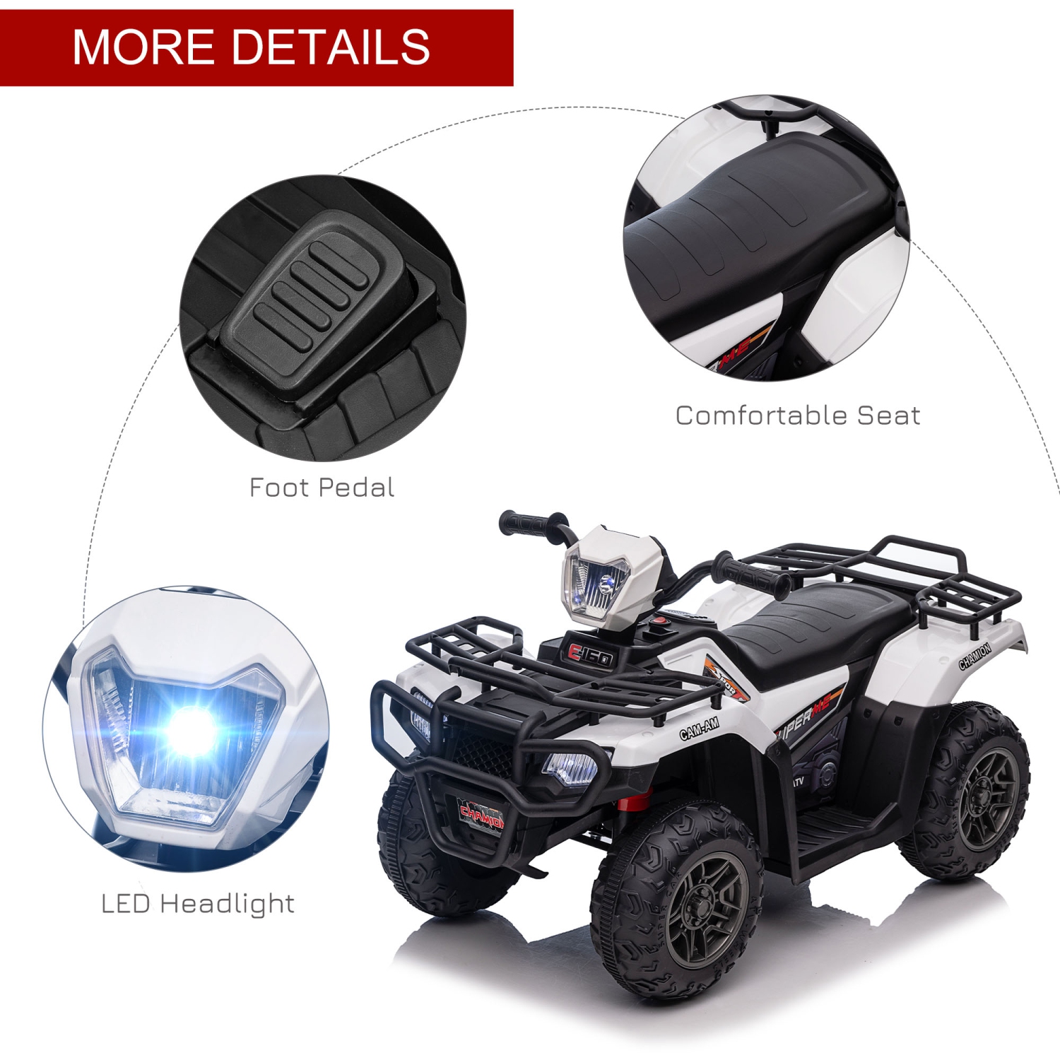 Aosom Quad pour enfants 12 V, quad à 4 roues, véhicule électrique alimenté par batterie avec lumières LED musicales, pneus à bande de roulement, pour