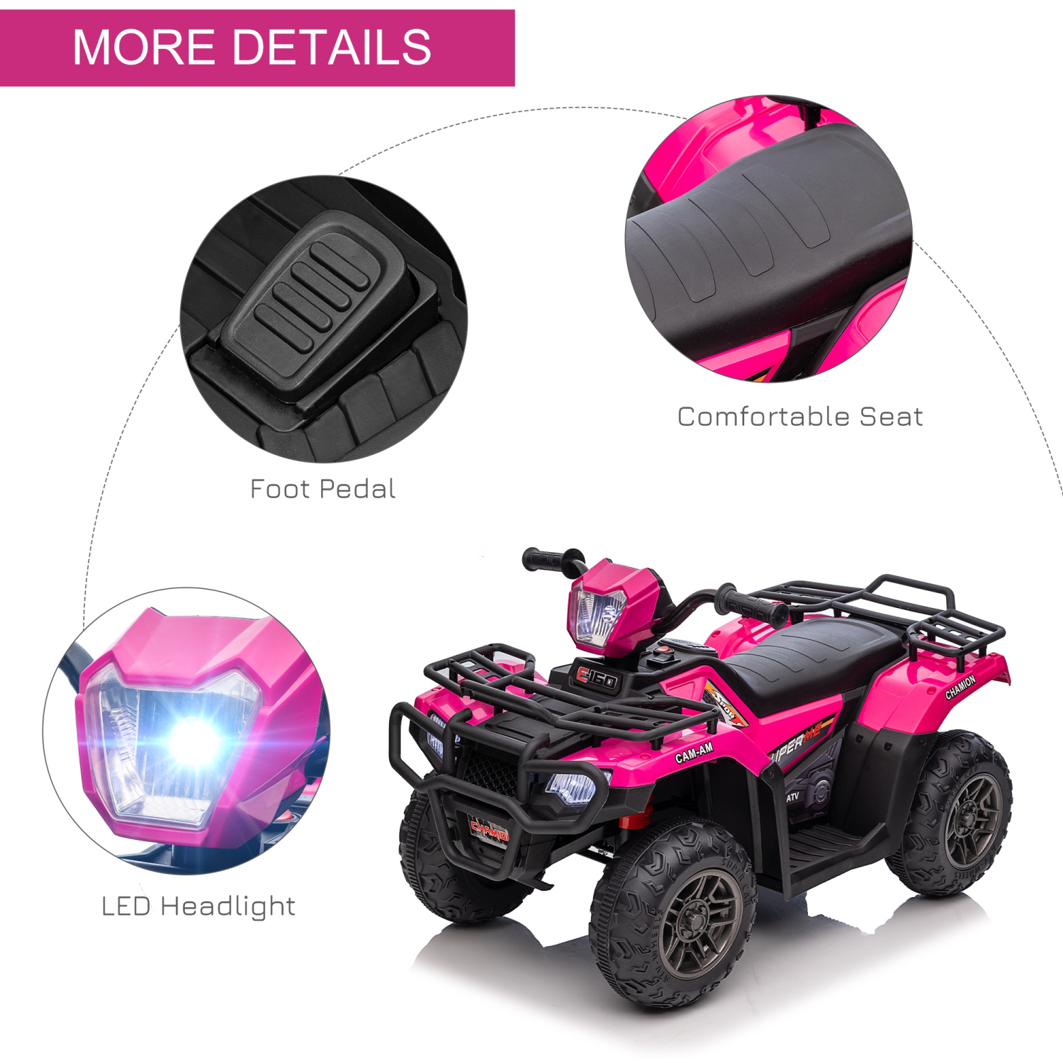 Aosom Quad pour enfants 12 V, quad à 4 roues, véhicule électrique alimenté par batterie avec lumières LED musicales, pneus à bande de roulement, pour
