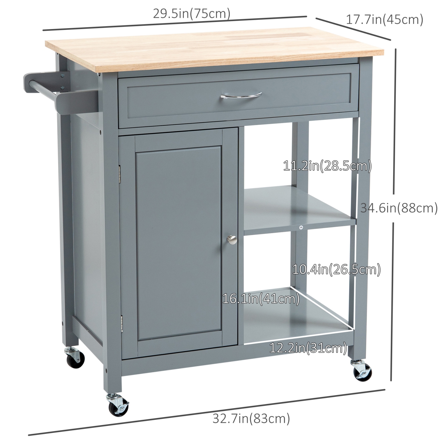 HOMCOM – Chariot de cuisine roulant avec plateau et tiroir en bois, îlot de cuisine sur roulettes pour salle à manger, gris