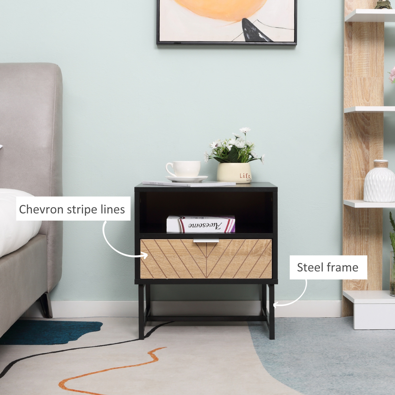 HOMCOM Modern Bedside Table with Drawer and Storage Shelf, Nightstand with Metal Base, Sofa End Table for Bedroom, Black and Oak