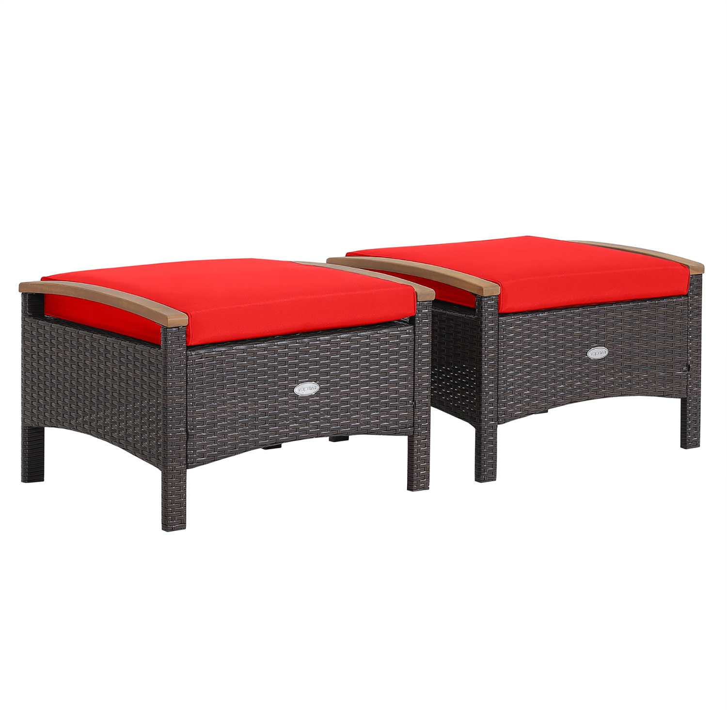 Lot de 2 repose-pieds de terrasse avec poignées en bois, Ottoman en rotin tressé2 pièces, Rouge