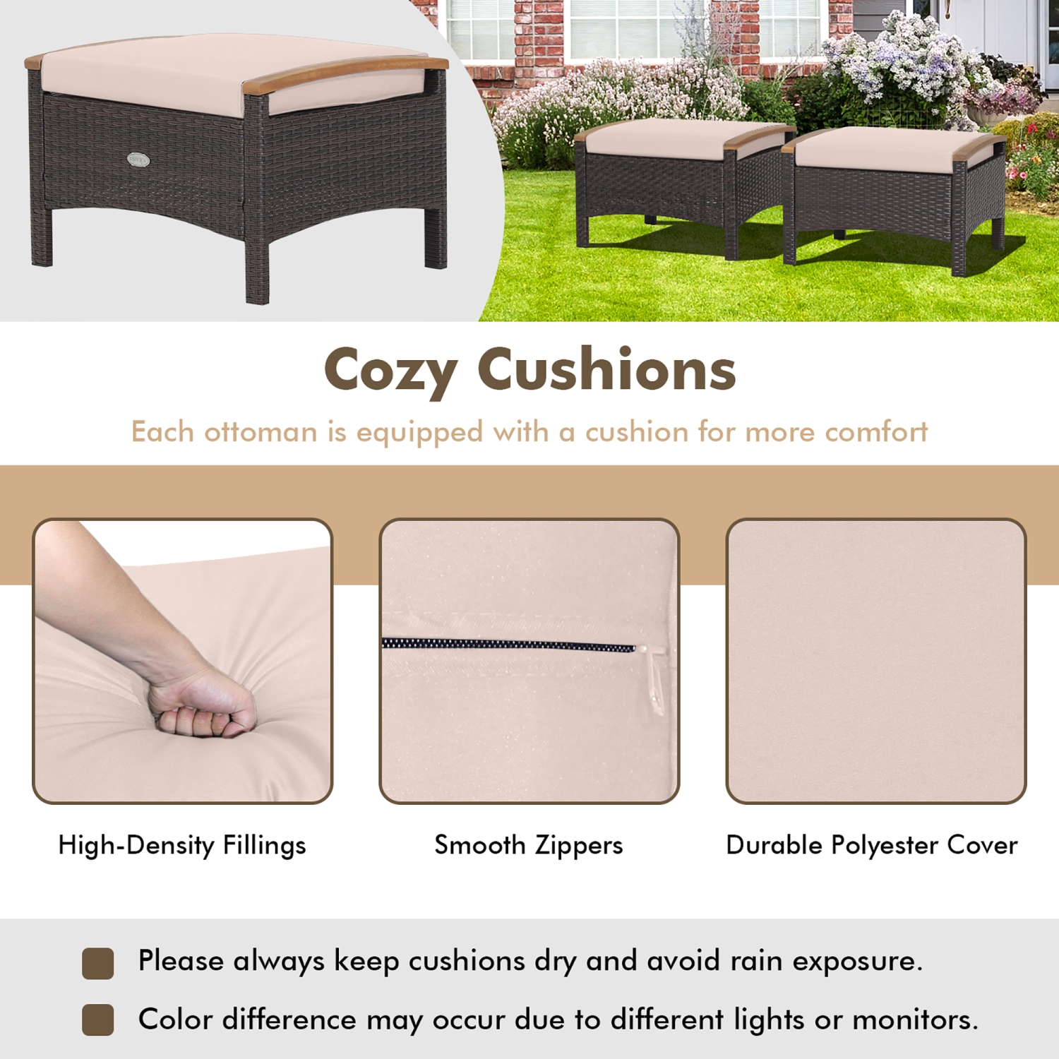 Gymax 2PCS Patio Ottomans Wooden Handles Rattan Knitting Foot Pedal Beige