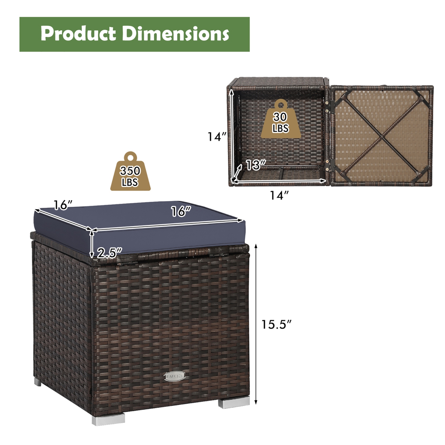 Poufs de patio extérieur 2 pièces GYMAX, Repose-pieds en osier PE tissé à la main avec coussins amovibles