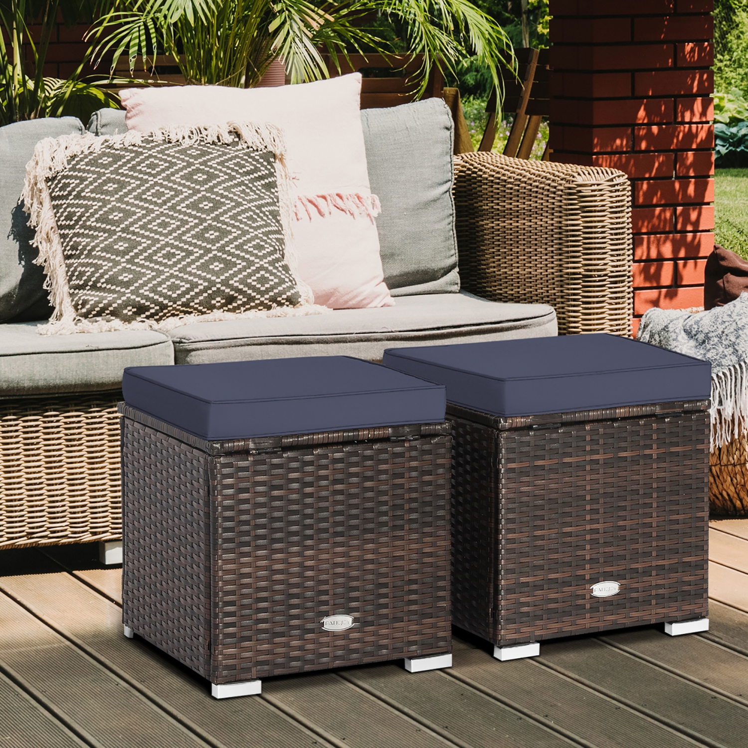 Poufs de patio extérieur 2 pièces GYMAX, Repose-pieds en osier PE tissé à la main avec coussins amovibles