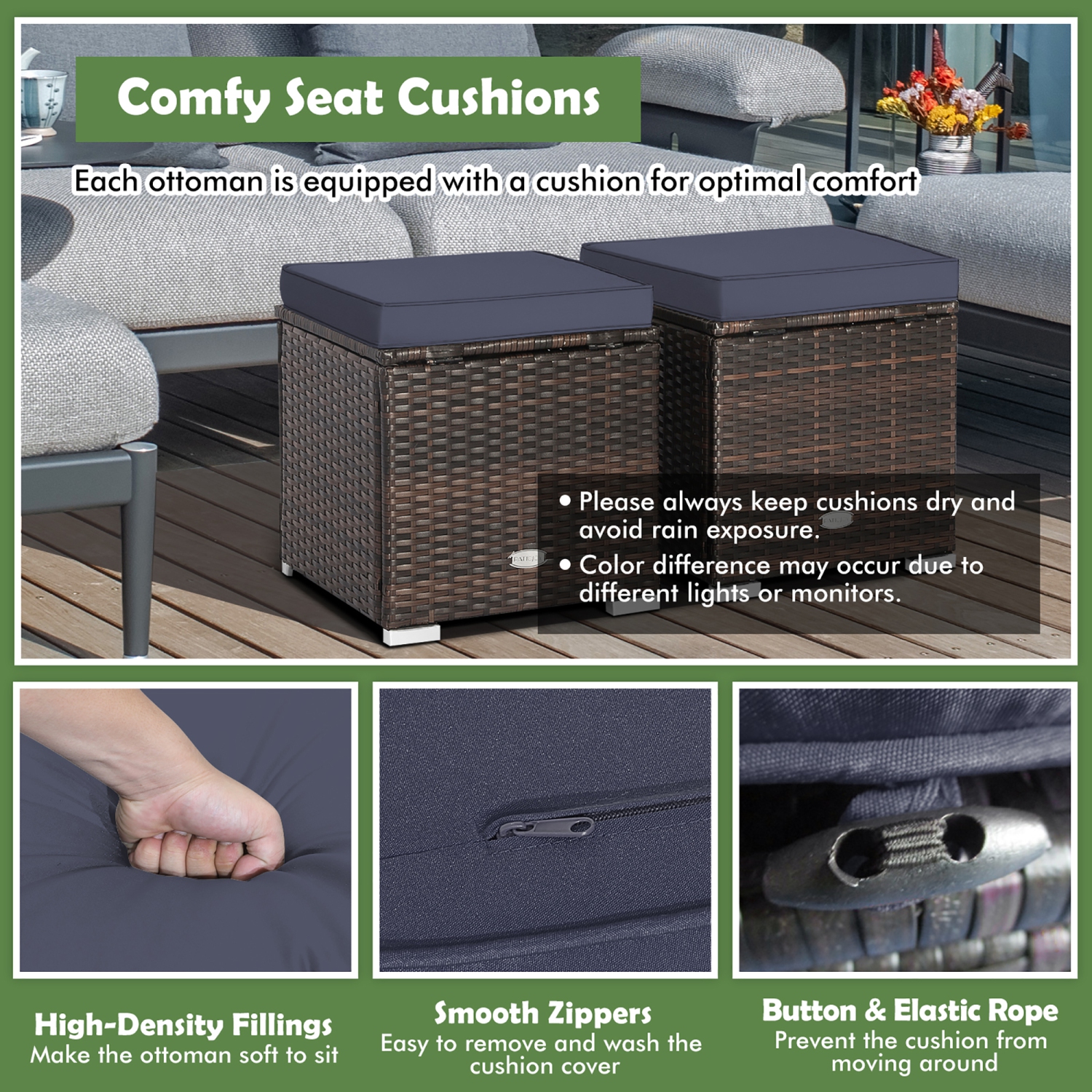 Poufs de patio extérieur 2 pièces GYMAX, Repose-pieds en osier PE tissé à la main avec coussins amovibles