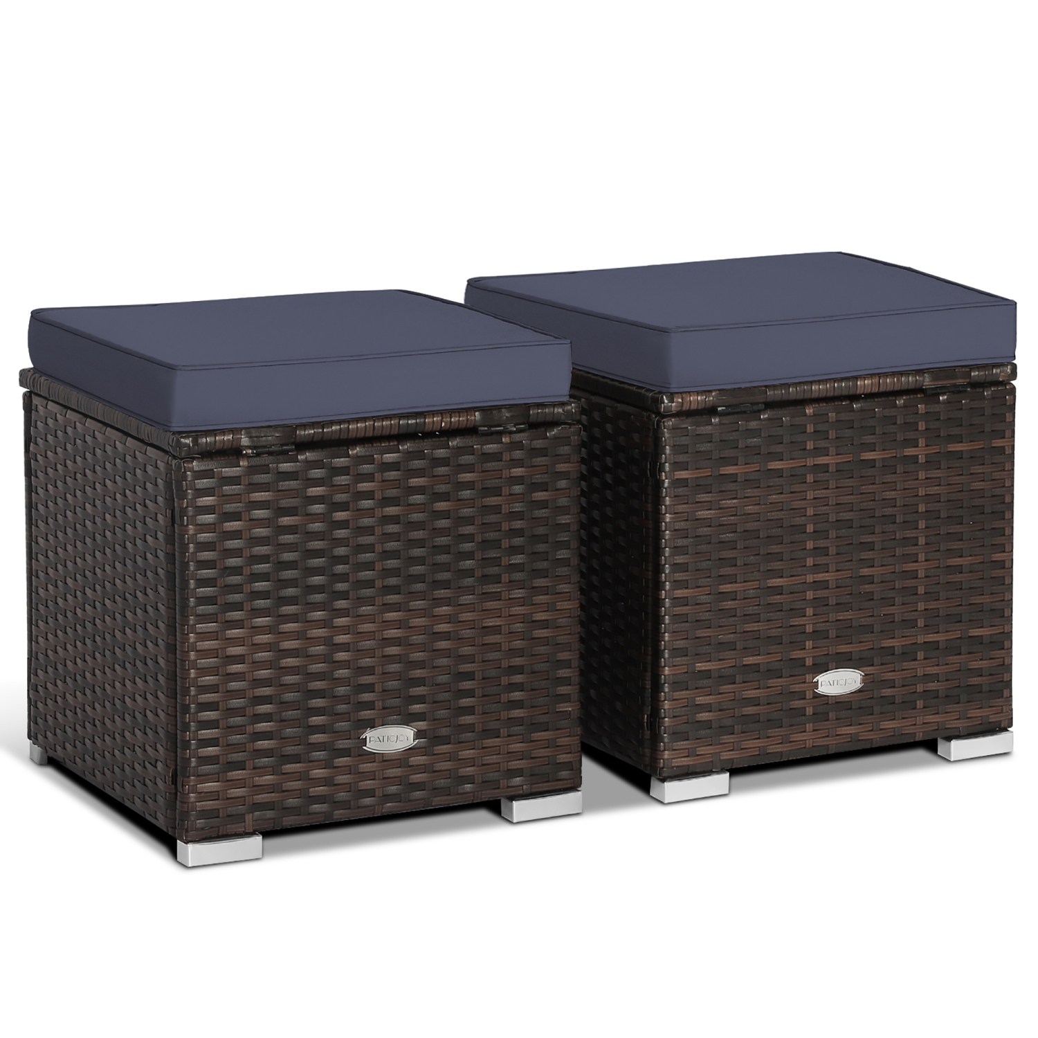 Poufs de patio extérieur 2 pièces GYMAX, Repose-pieds en osier PE tissé à la main avec coussins amovibles