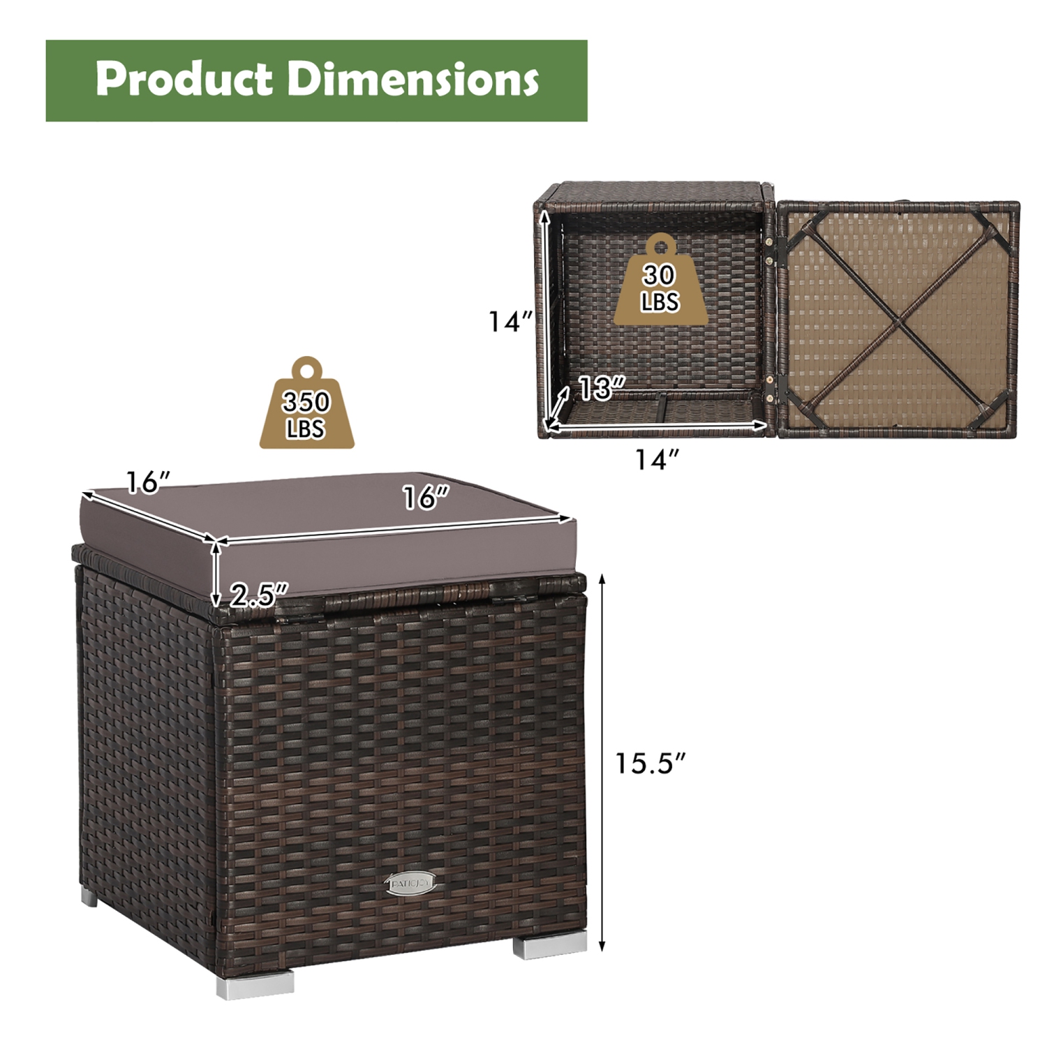 Poufs de patio extérieur 2 pièces GYMAX, Repose-pieds en osier PE tissé à la main avec coussins amovibles