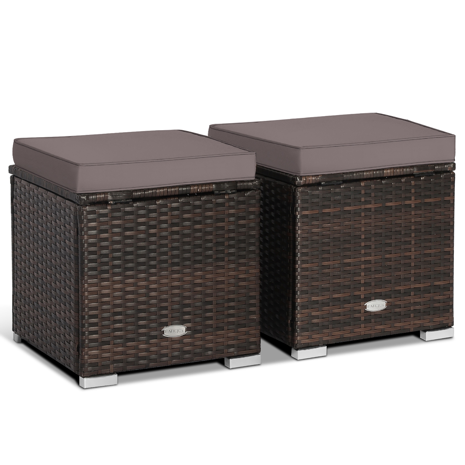 Poufs de patio extérieur 2 pièces GYMAX, Repose-pieds en osier PE tissé à la main avec coussins amovibles