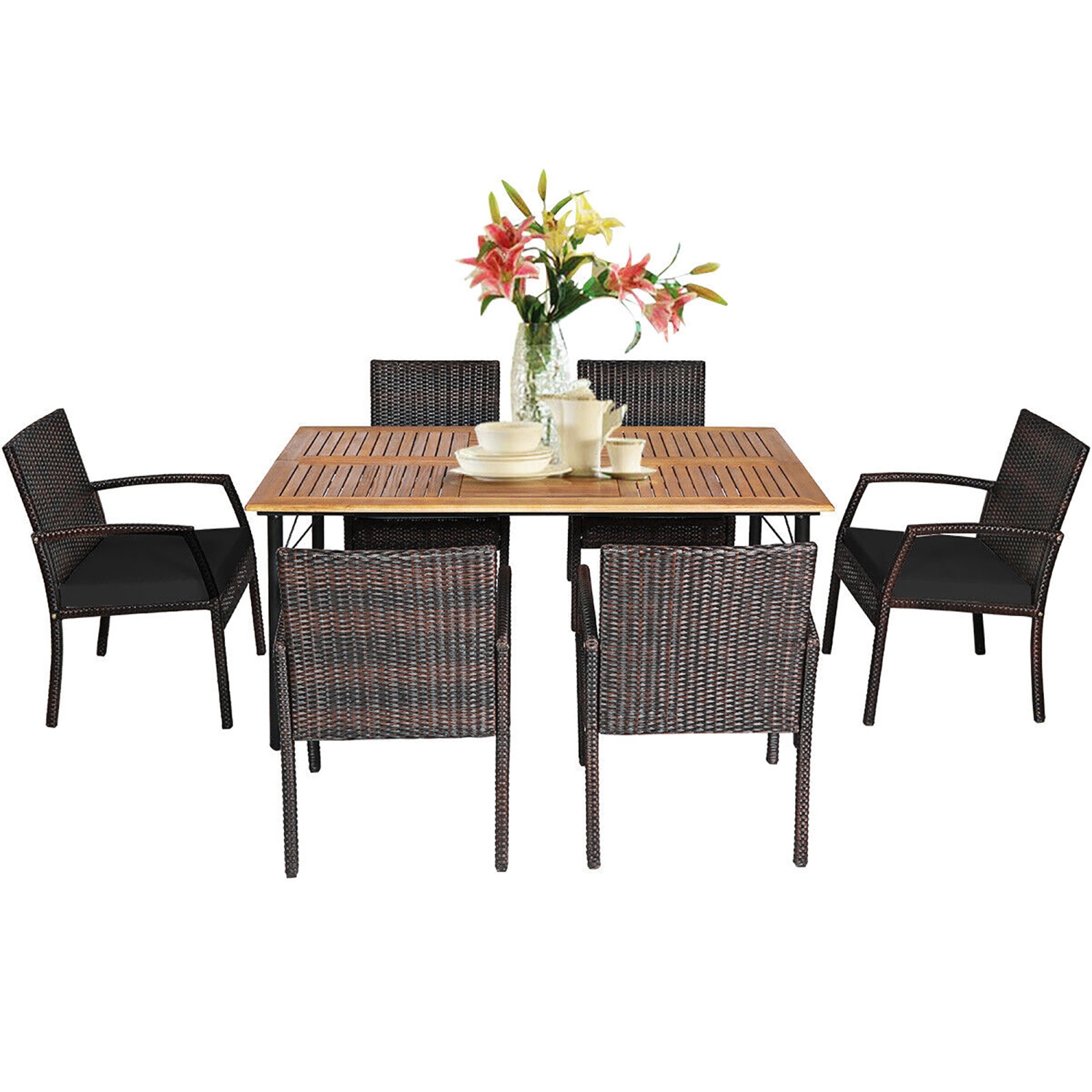 Gymax 7PCS Patio Dining Furniture Set Yard w/ Wooden Tabletop Black Cushions