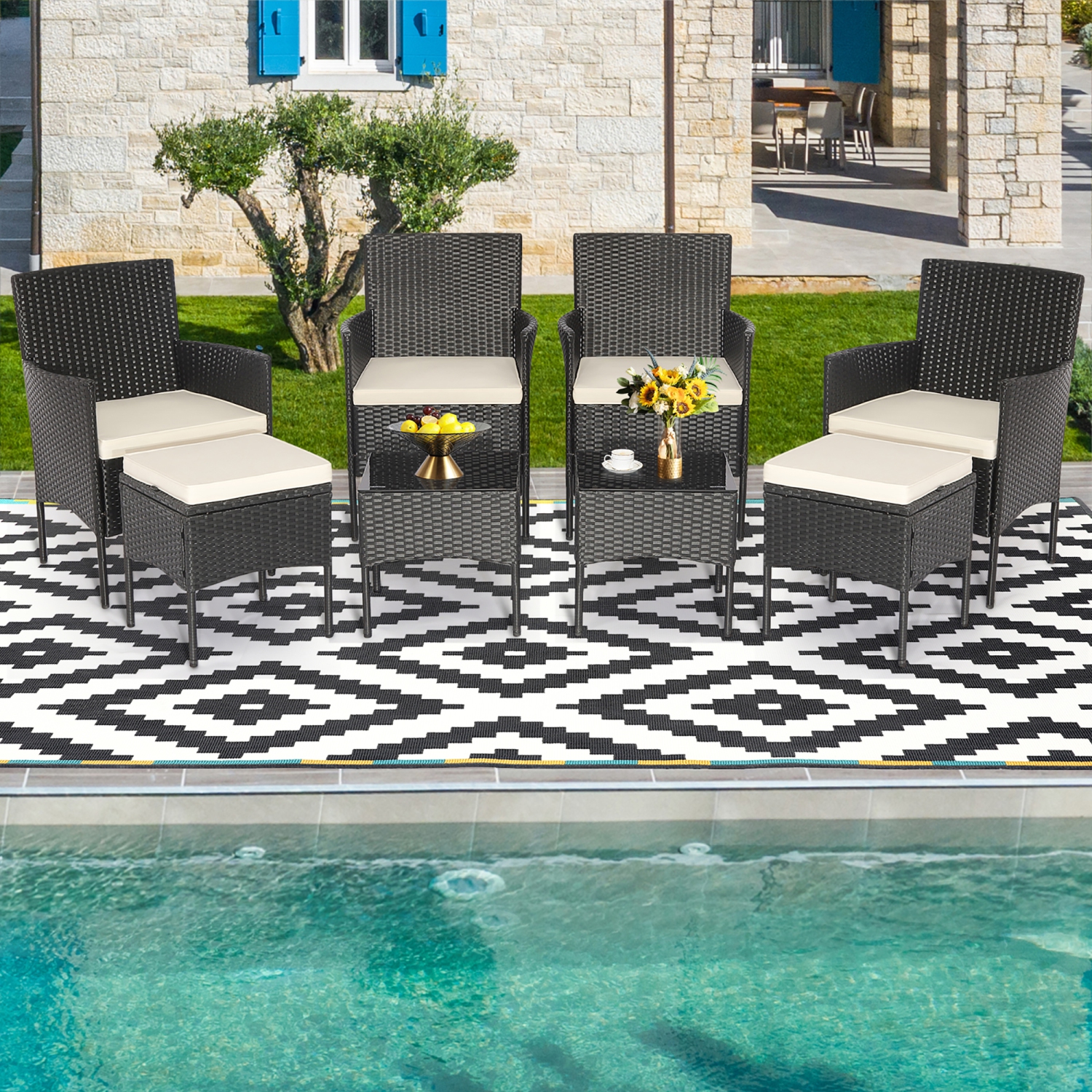 Gymax 8PCS Outdoor Conversation Furniture Set Patio PE Rattan Sofa Set w/ Tables & Ottoman