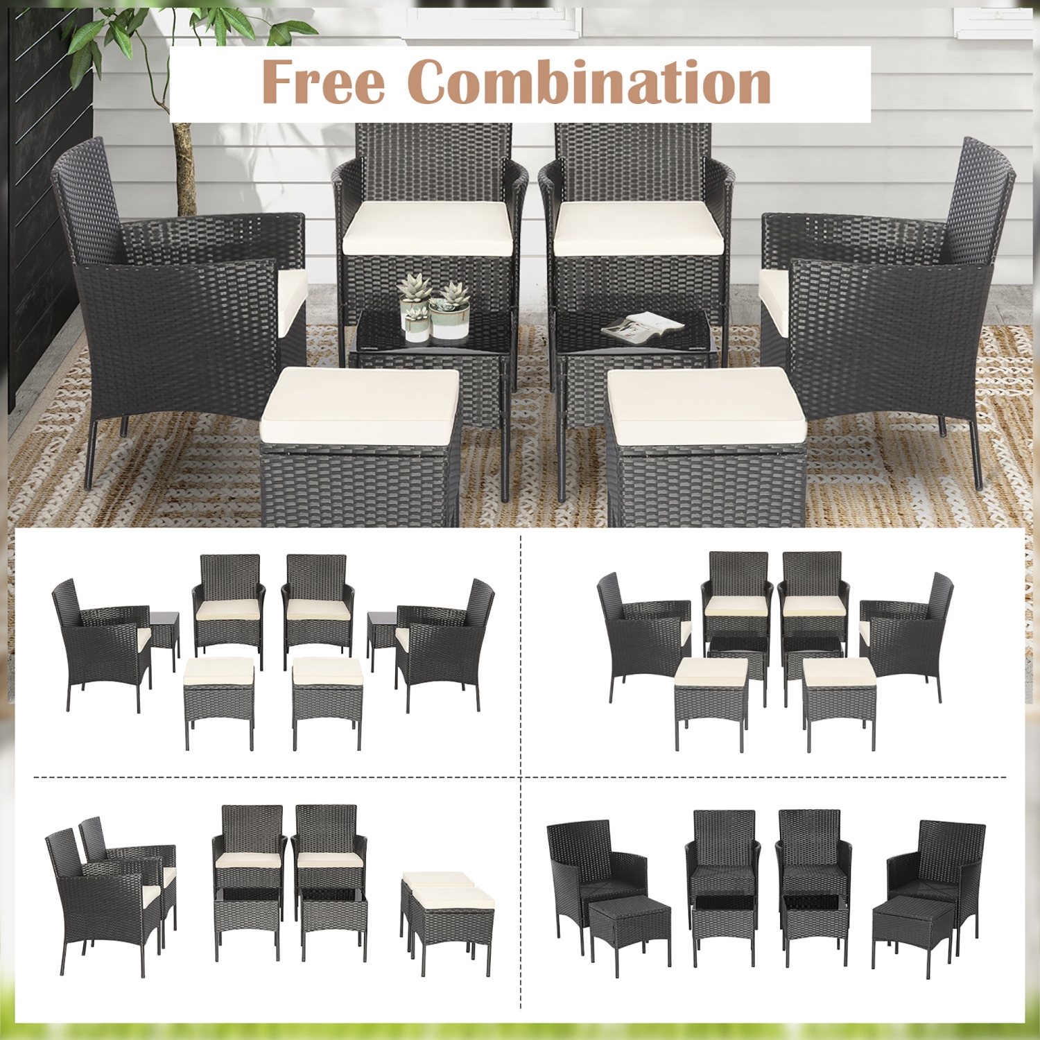 Gymax 8PCS Outdoor Conversation Furniture Set Patio PE Rattan Sofa Set w/ Tables & Ottoman