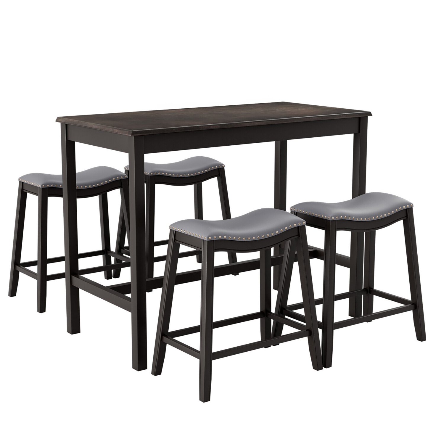 Gymax 5PCS Bar Table Set Counter Height Table & Upholstered Saddle Stools Set for 4