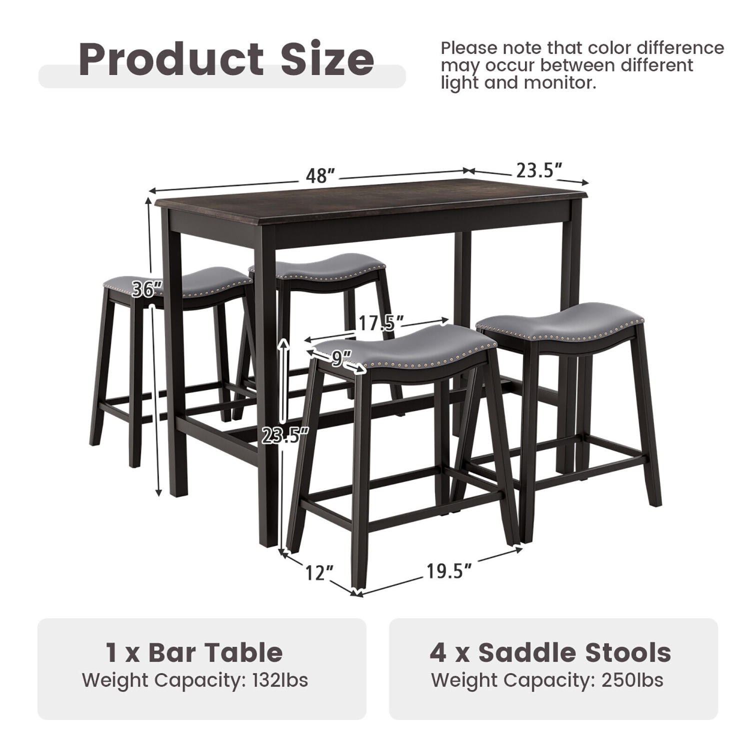 Gymax 5PCS Bar Table Set Counter Height Table & Upholstered Saddle Stools Set for 4
