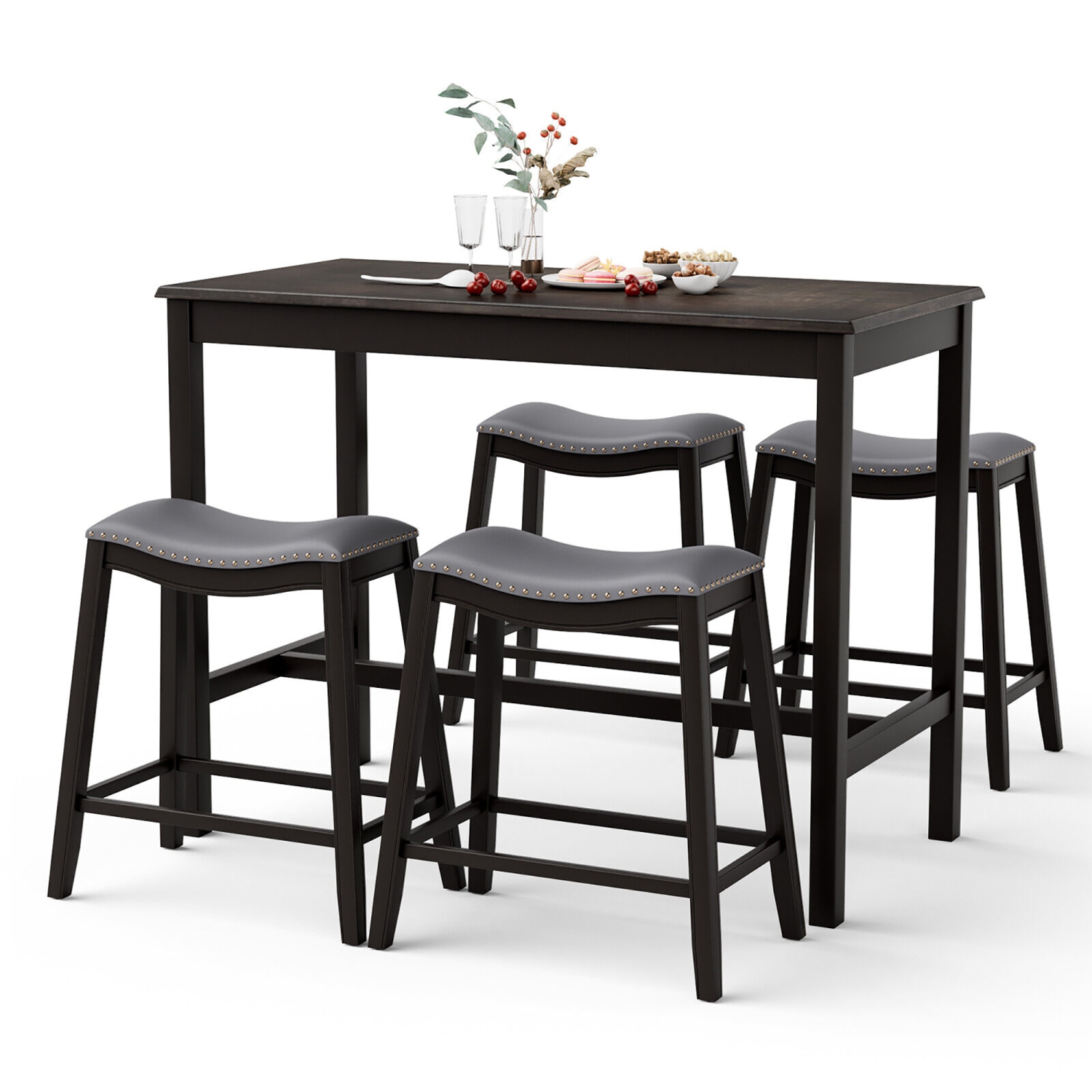 Gymax 5PCS Bar Table Set Counter Height Table & Upholstered Saddle Stools Set for 4