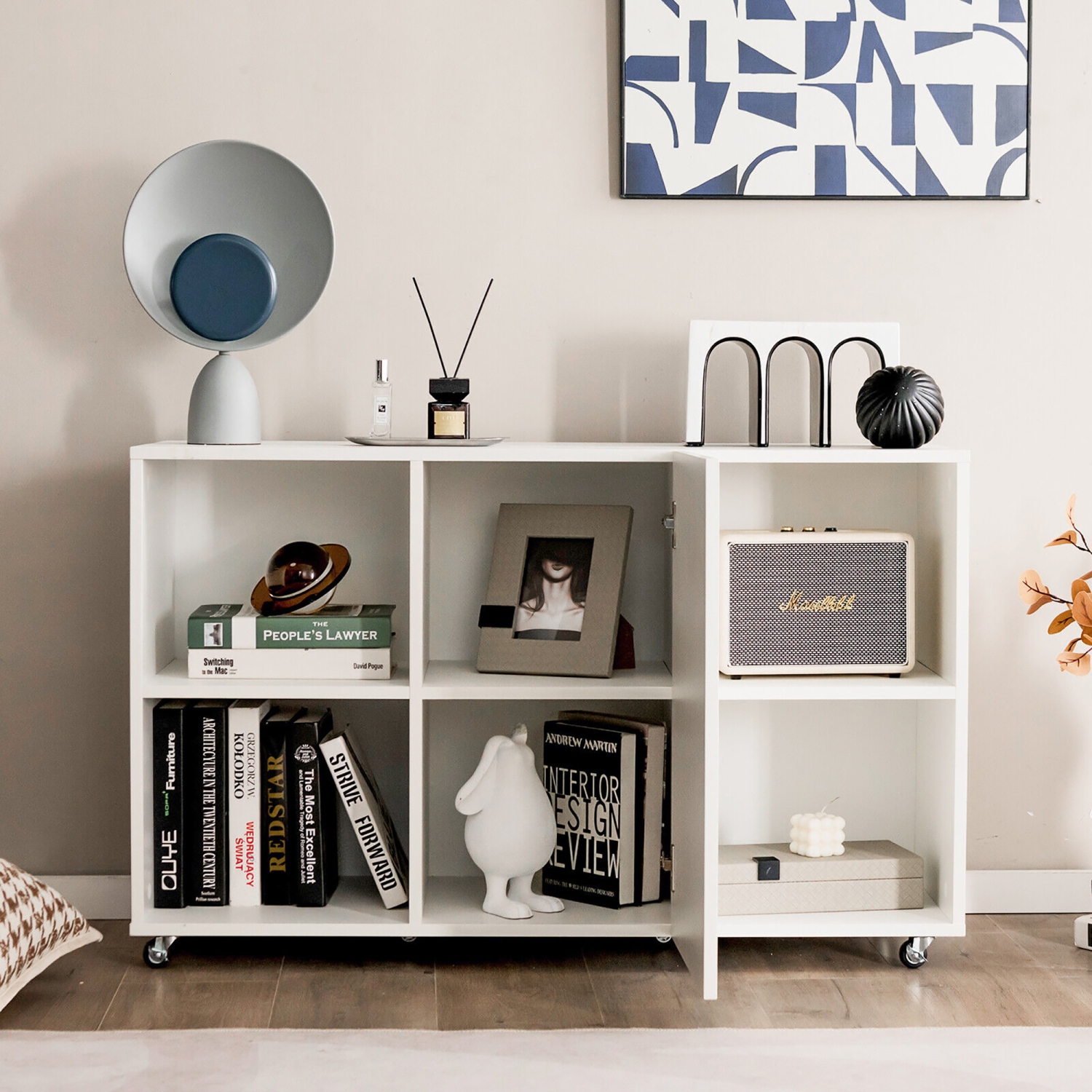 Gymax 3-Tier Wood Bookcase 6 Cube Bookshelf w/ Door Wheels Display Cabinet