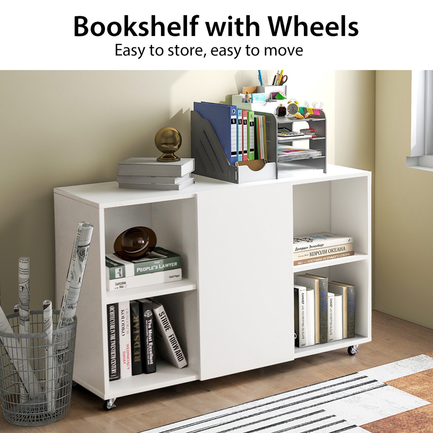 Gymax 3-Tier Wood Bookcase 6 Cube Bookshelf w/ Door Wheels Display Cabinet