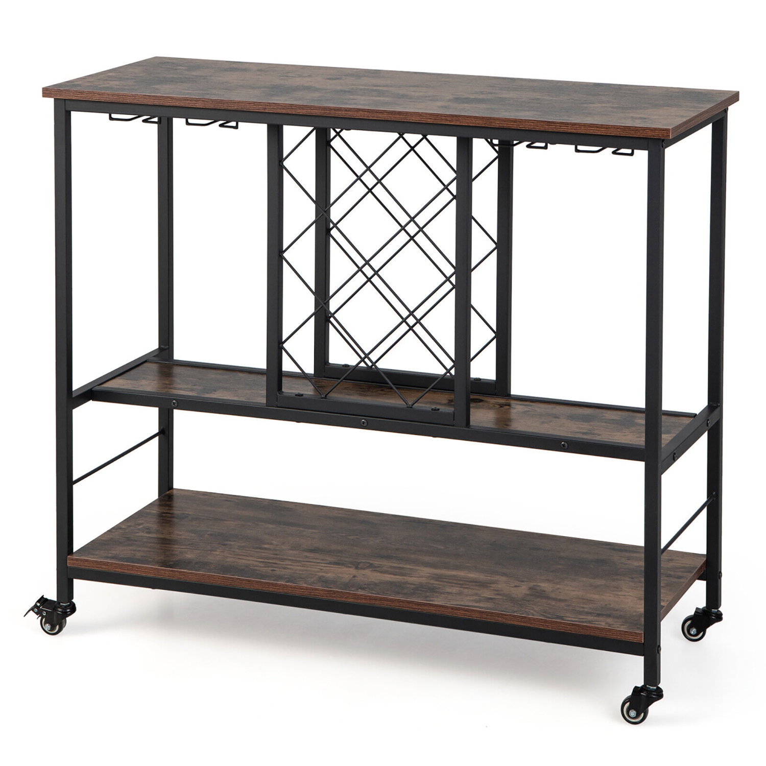 Gymax Industrial Liquor Bar Cart Rolling Kitchen Serving Cart w/ Wine Rack Glass Holder