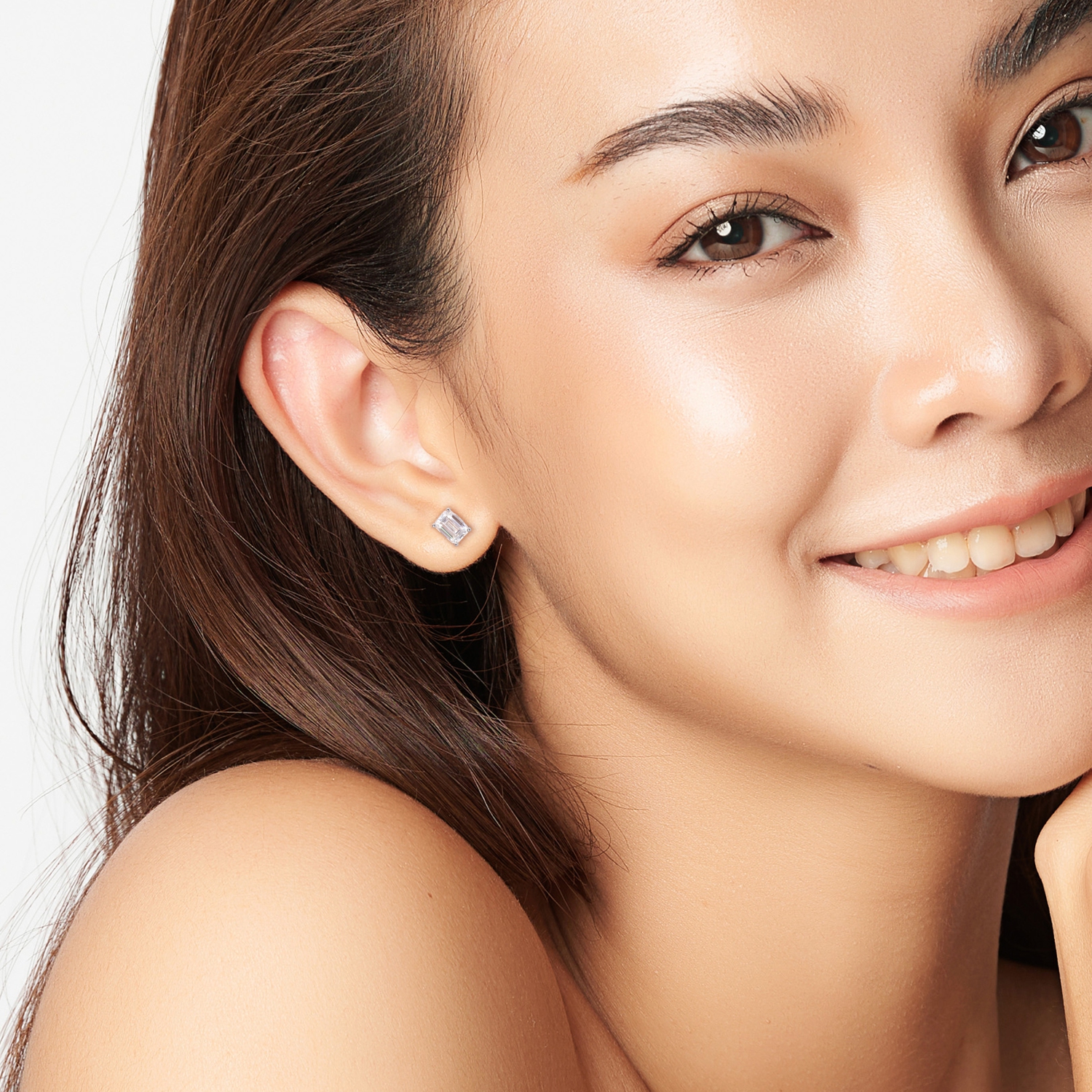 Amour Emerald Cut Created Moissanite Stud Earrings Silver