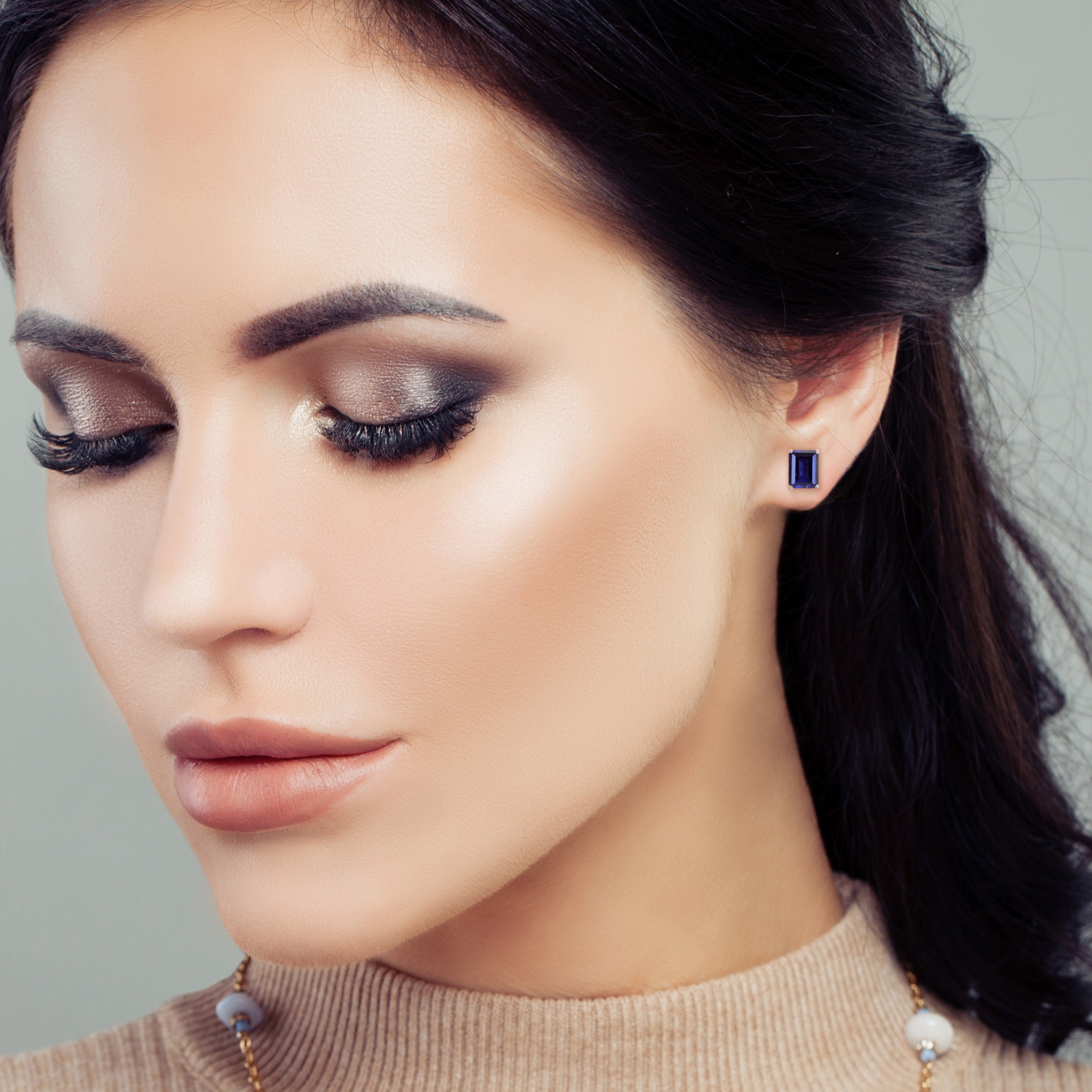 Amour Octagon Created Blue Sapphire Stud Earrings Silver