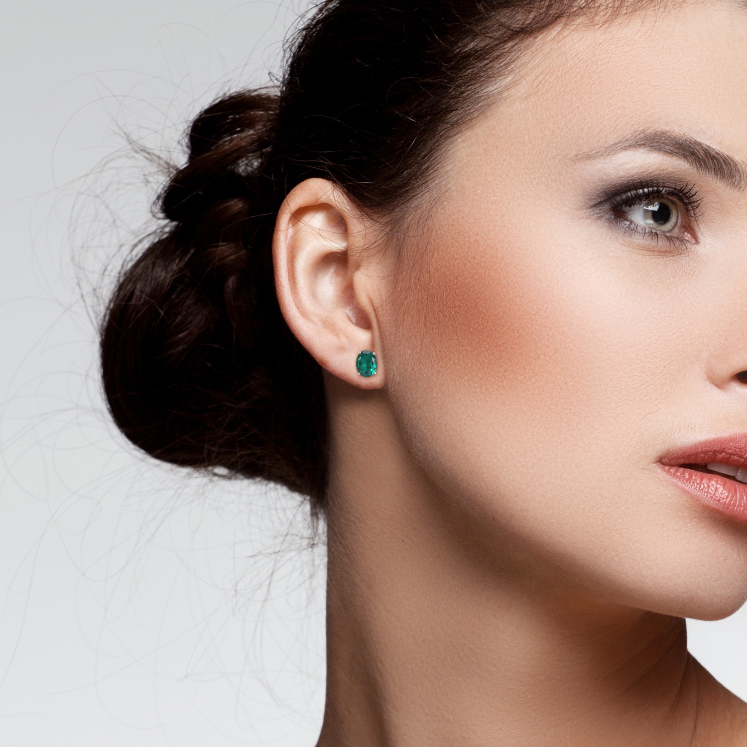 Amour Oval Created Emerald Stud Earrings Silver